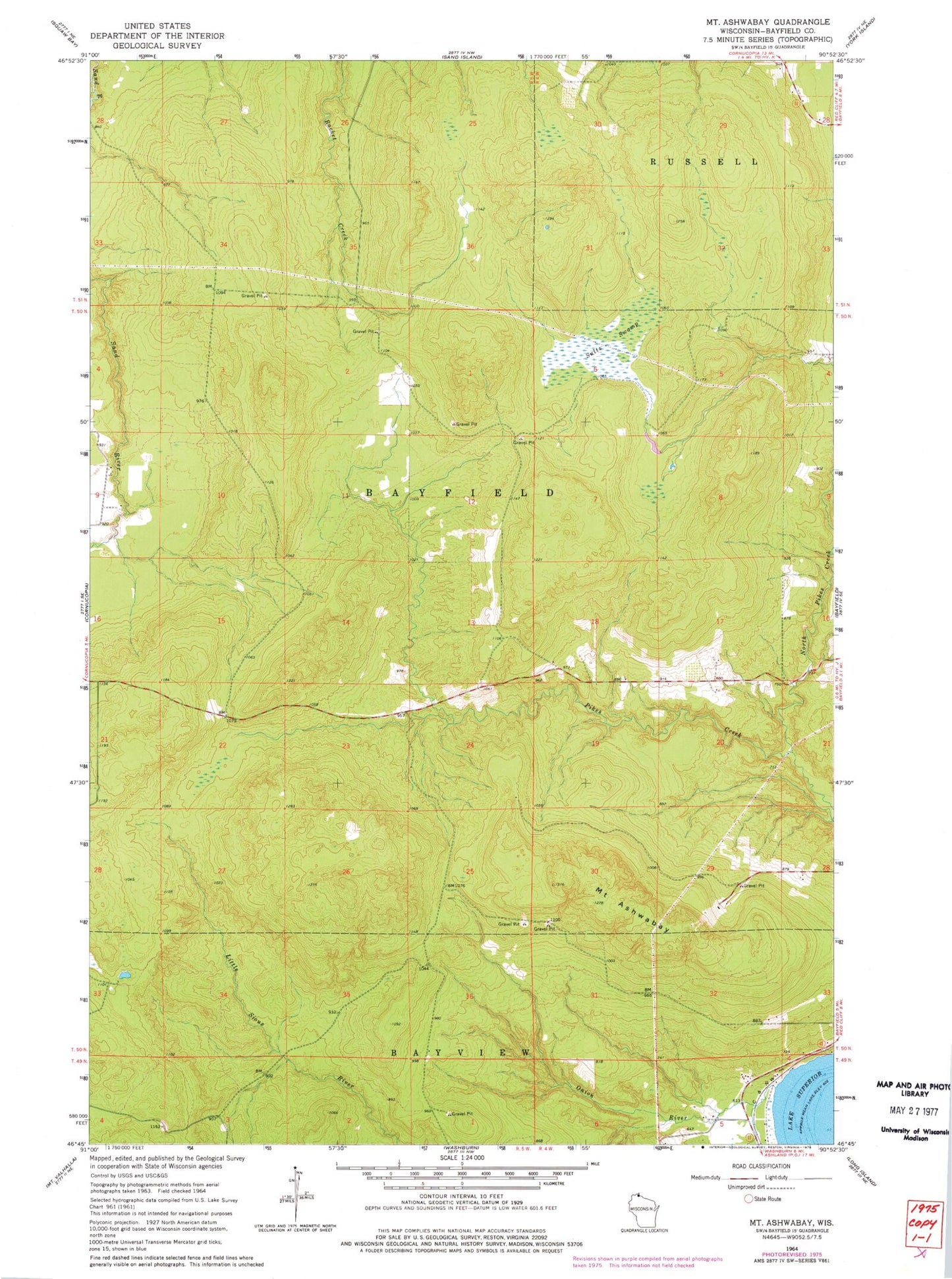 Classic USGS Mount Ashwabay Wisconsin 7.5'x7.5' Topo Map Image