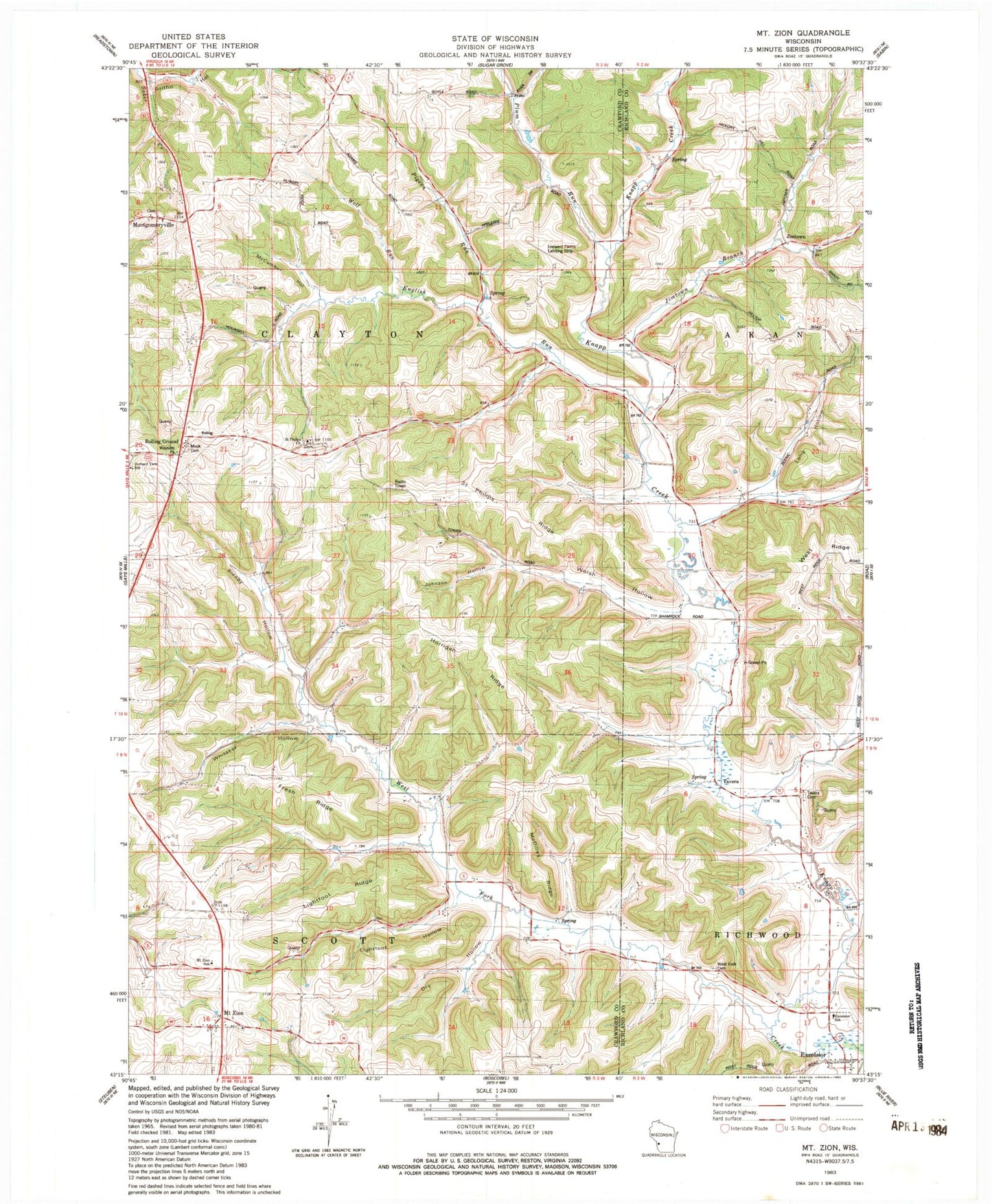 Classic USGS Mount Zion Wisconsin 7.5'x7.5' Topo Map Image
