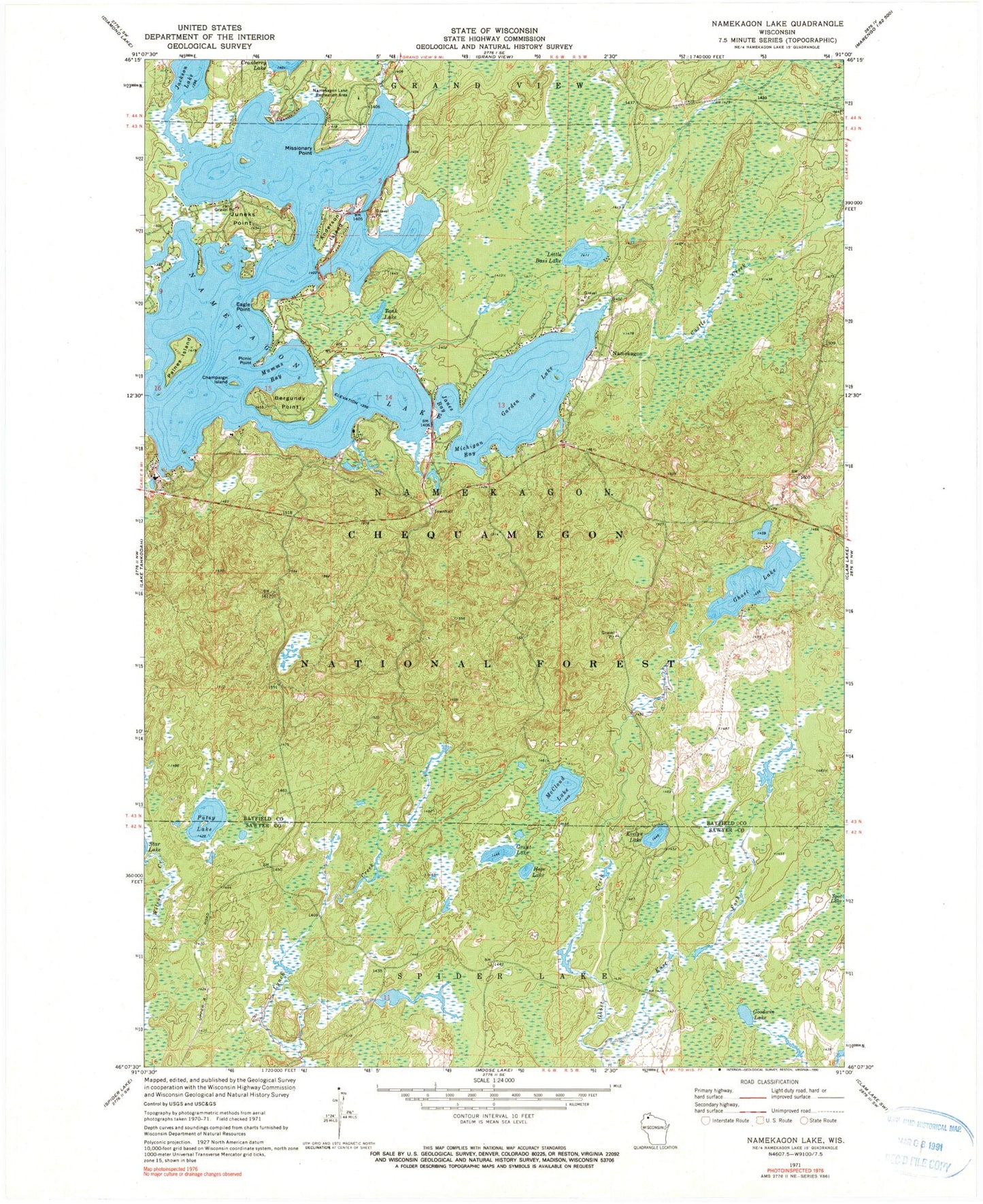 Classic USGS Namekagon Lake Wisconsin 7.5'x7.5' Topo Map Image