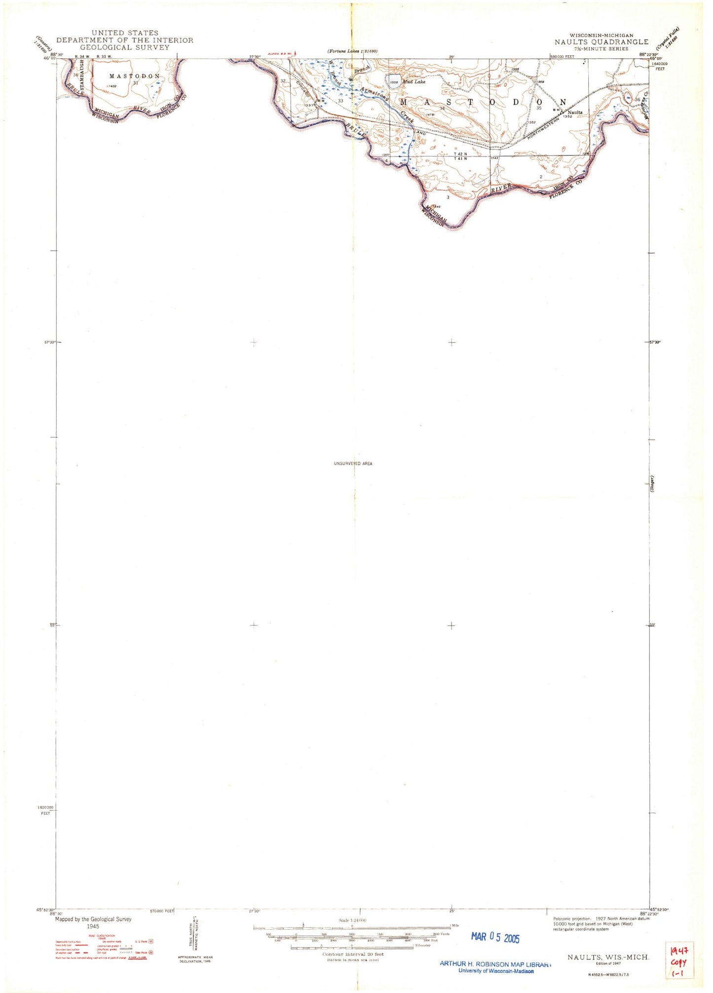 Classic USGS Naults Michigan 7.5'x7.5' Topo Map Image