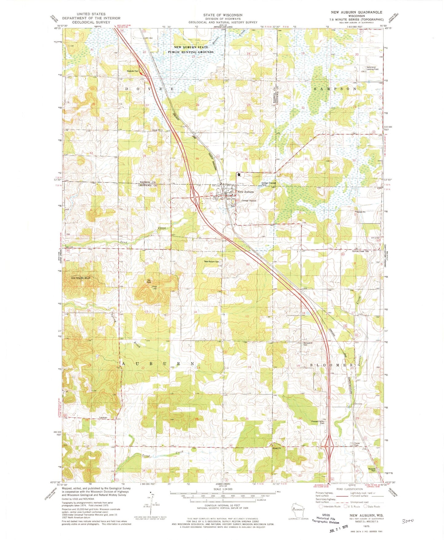Classic USGS New Auburn Wisconsin 7.5'x7.5' Topo Map Image