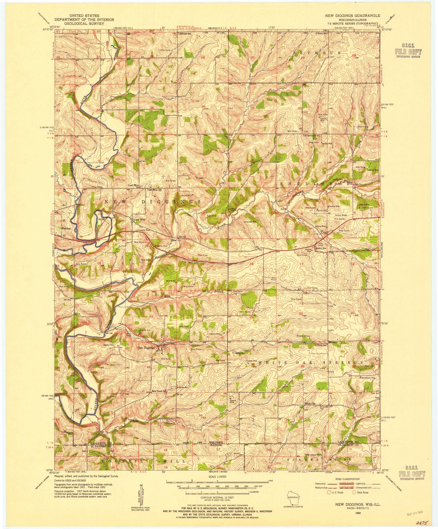 Classic USGS New Diggings Wisconsin 7.5'x7.5' Topo Map Image