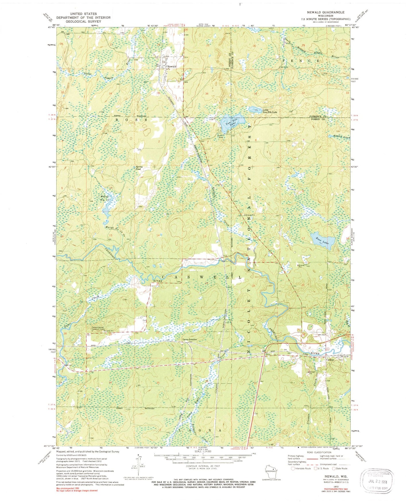 Classic USGS Newald Wisconsin 7.5'x7.5' Topo Map Image