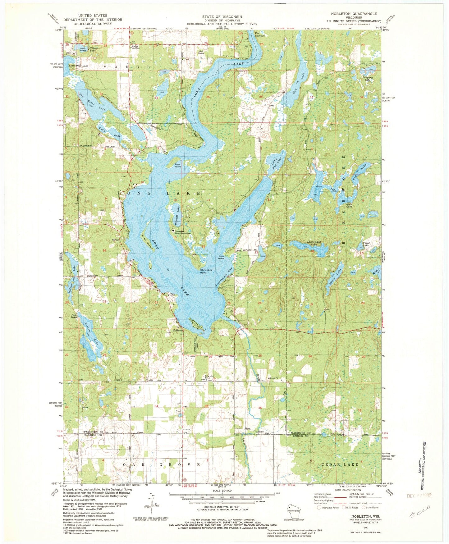 Classic USGS Nobleton Wisconsin 7.5'x7.5' Topo Map Image