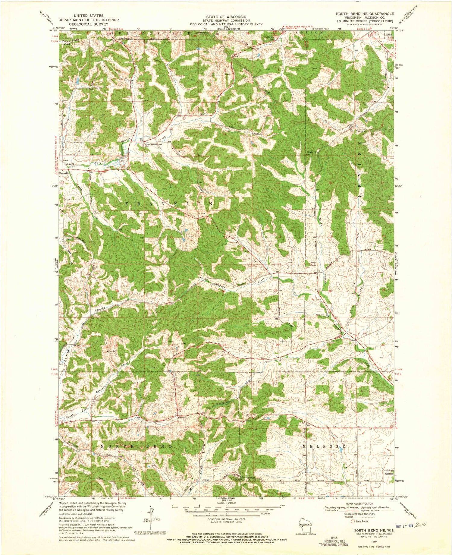 Classic USGS North Bend NE Wisconsin 7.5'x7.5' Topo Map Image