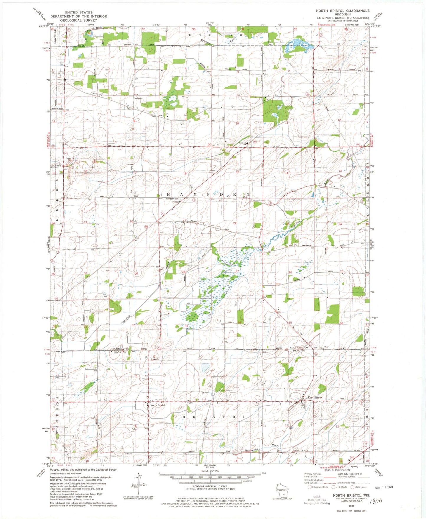 Classic USGS North Bristol Wisconsin 7.5'x7.5' Topo Map Image