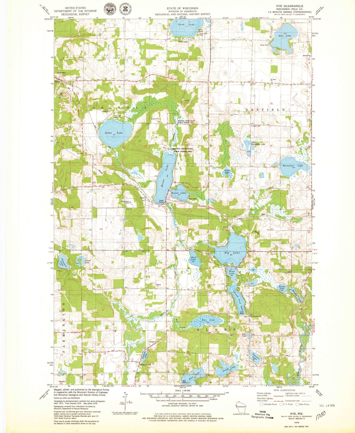Classic USGS Nye Wisconsin 7.5'x7.5' Topo Map Image