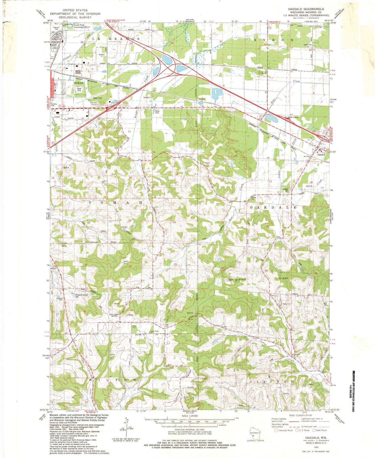 Classic USGS Oakdale Wisconsin 7.5'x7.5' Topo Map Image