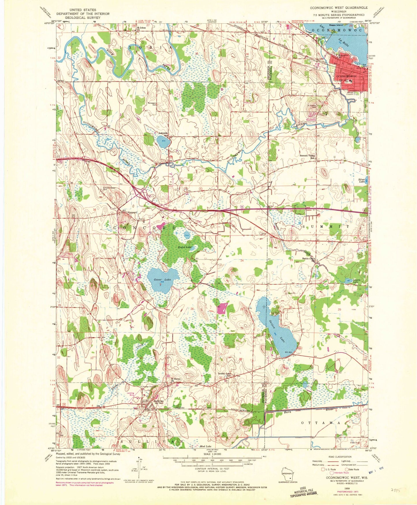 Classic USGS Oconomowoc West Wisconsin 7.5'x7.5' Topo Map Image