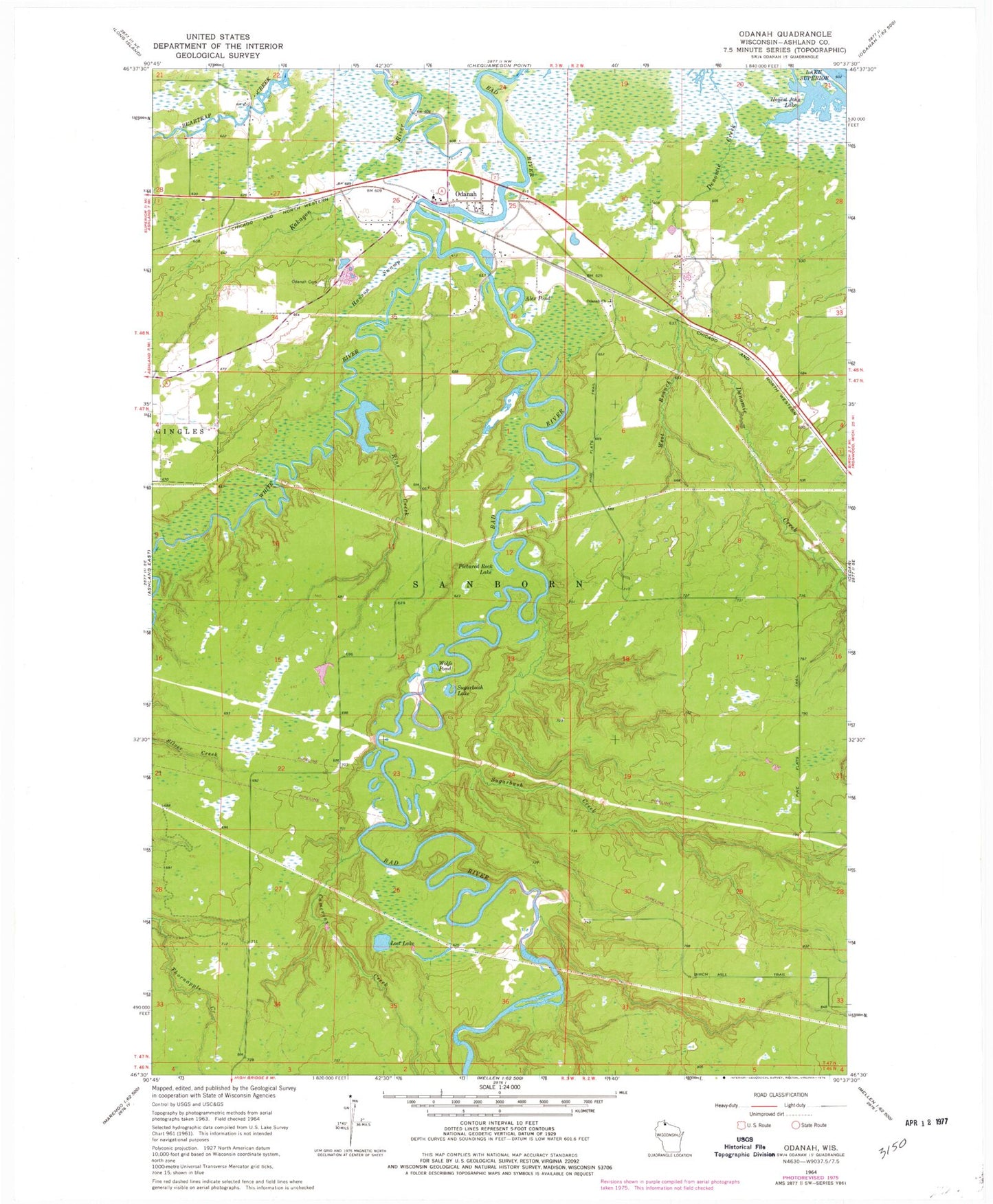 Classic USGS Odanah Wisconsin 7.5'x7.5' Topo Map Image