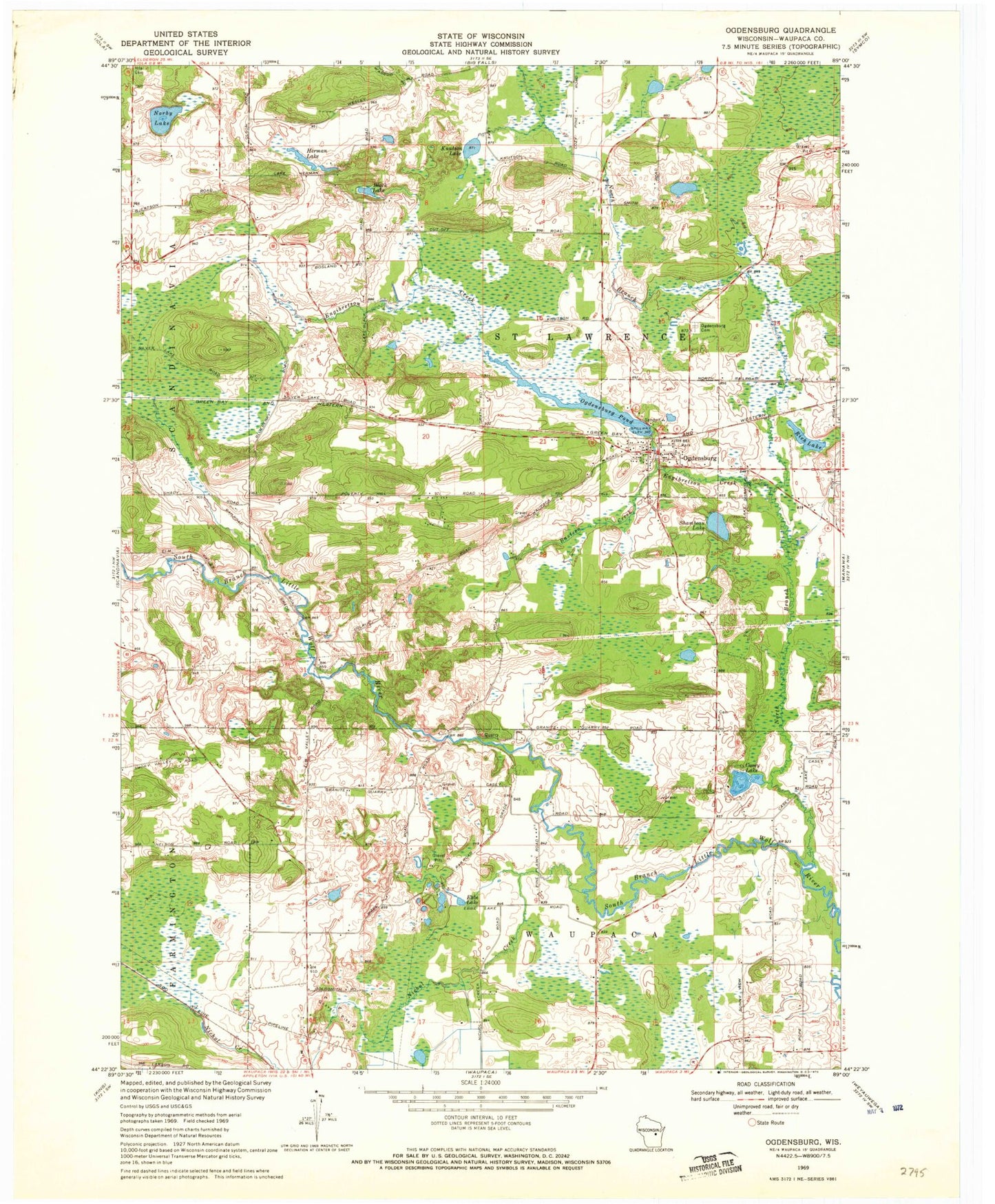 Classic USGS Ogdensburg Wisconsin 7.5'x7.5' Topo Map Image