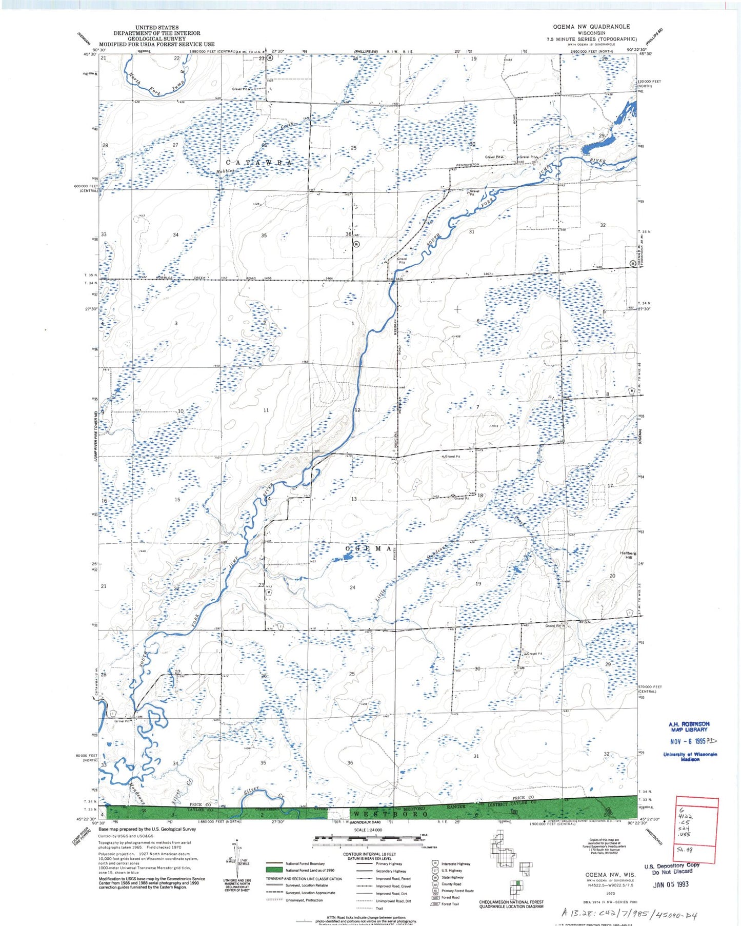 Classic USGS Ogema NW Wisconsin 7.5'x7.5' Topo Map Image