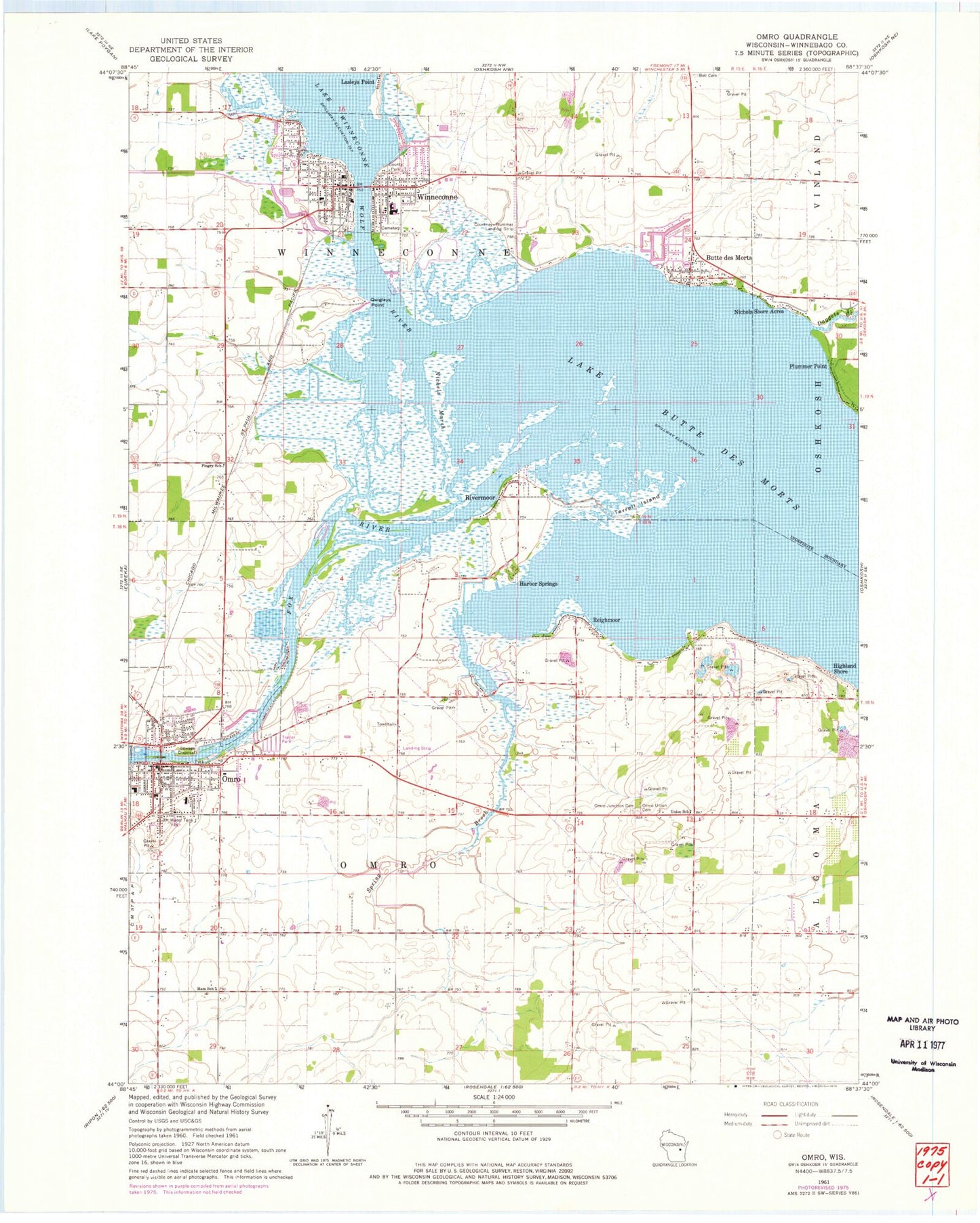 Classic USGS Omro Wisconsin 7.5'x7.5' Topo Map Image