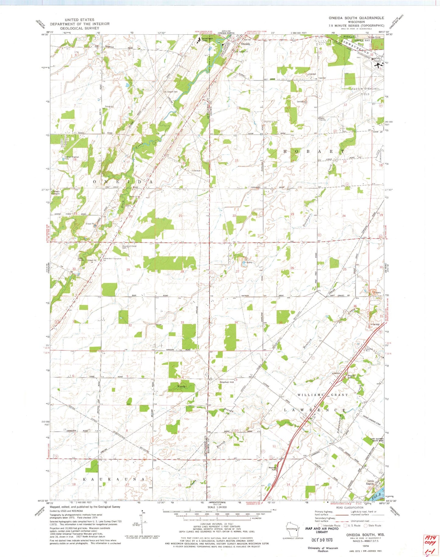 Classic USGS Oneida South Wisconsin 7.5'x7.5' Topo Map Image
