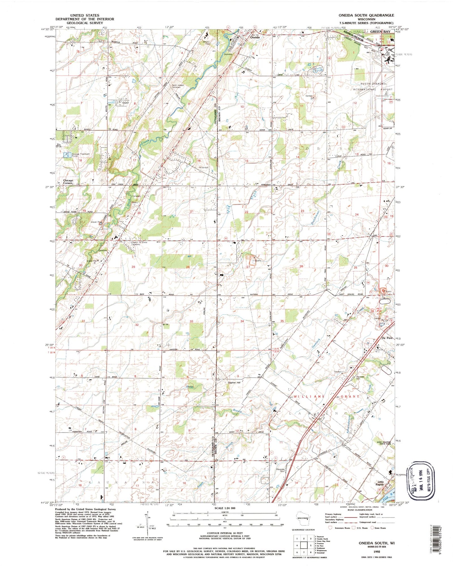 Classic USGS Oneida South Wisconsin 7.5'x7.5' Topo Map Image