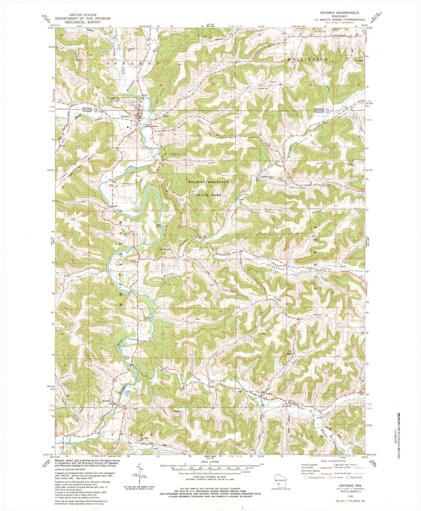 Classic USGS Ontario Wisconsin 7.5'x7.5' Topo Map Image
