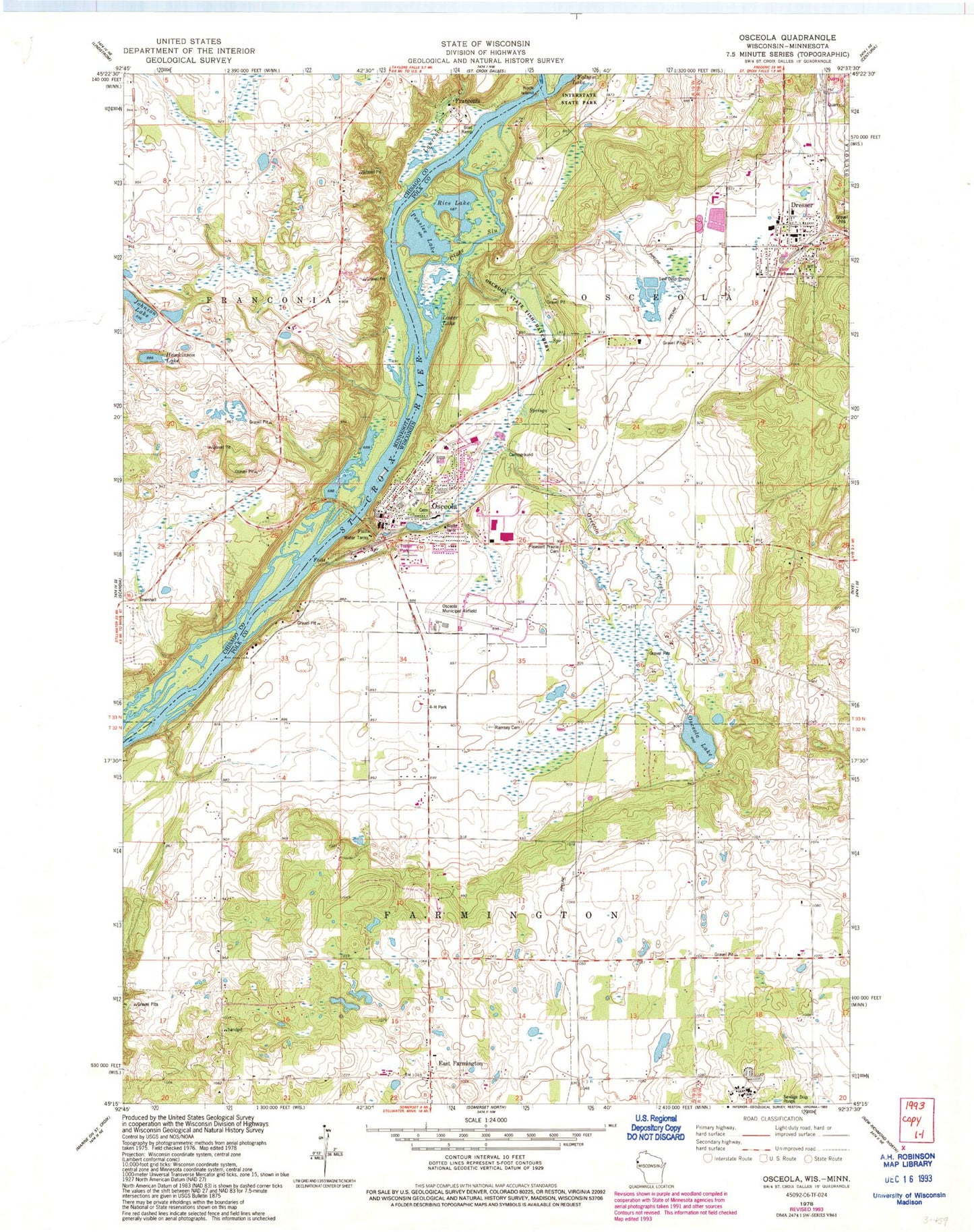 Classic USGS Osceola Wisconsin 7.5'x7.5' Topo Map Image