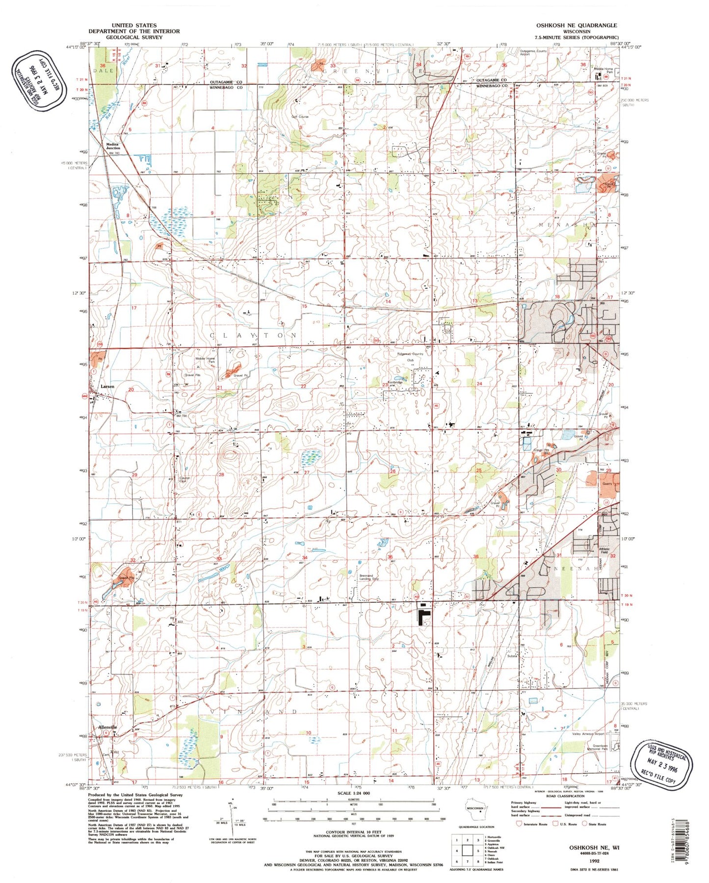 Classic USGS Oshkosh NE Wisconsin 7.5'x7.5' Topo Map Image