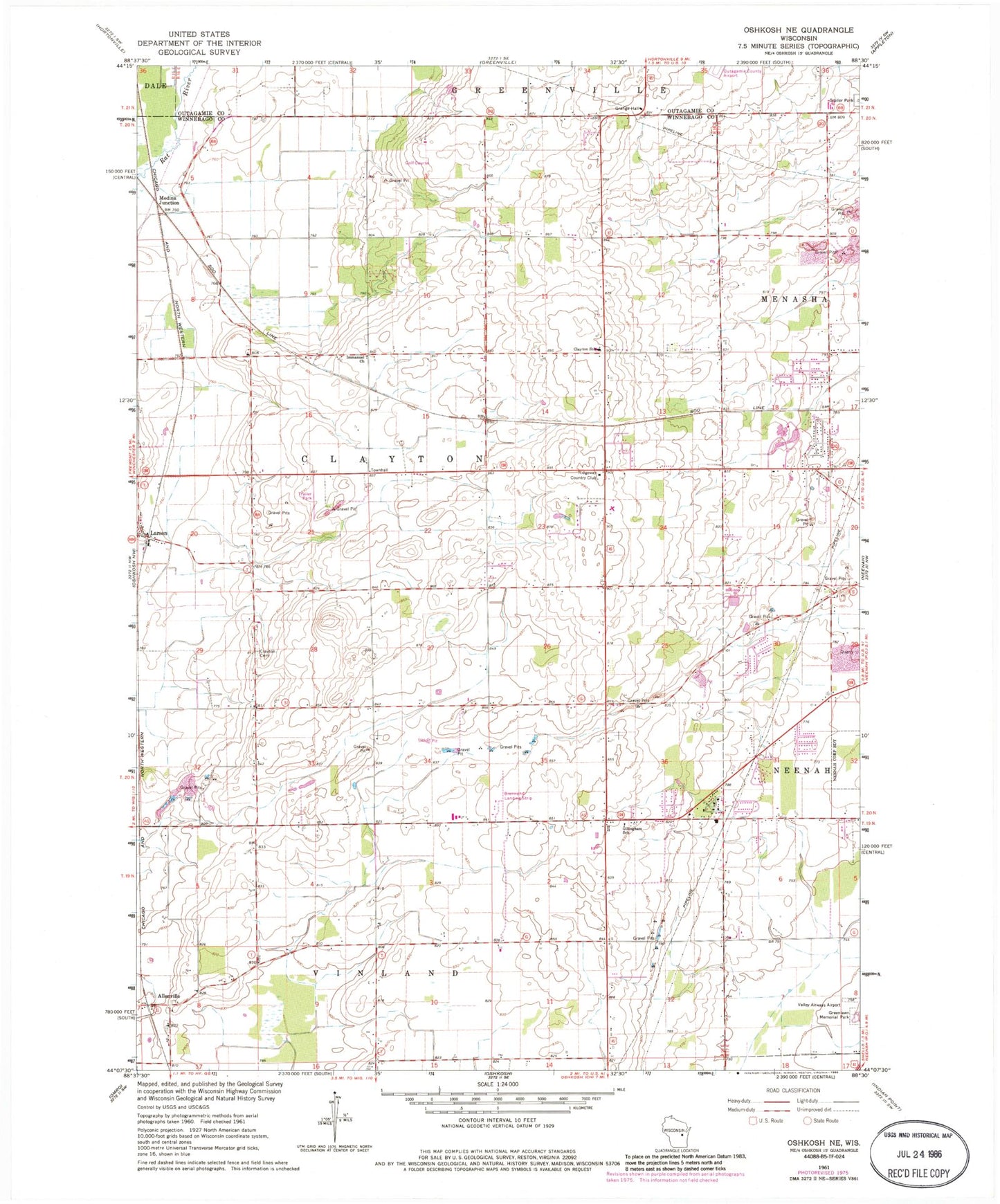 Classic USGS Oshkosh NE Wisconsin 7.5'x7.5' Topo Map Image