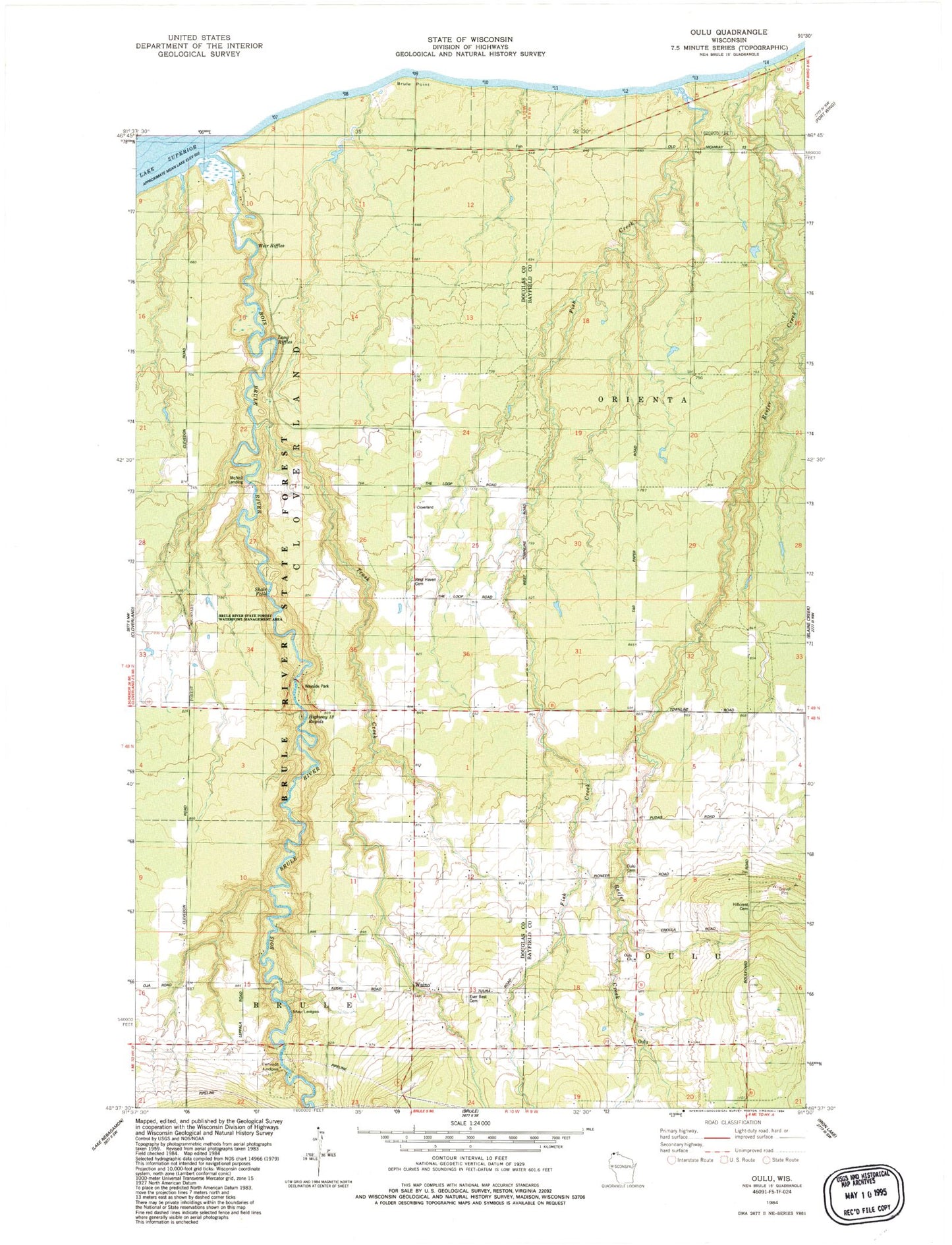 Classic USGS Oulu Wisconsin 7.5'x7.5' Topo Map Image