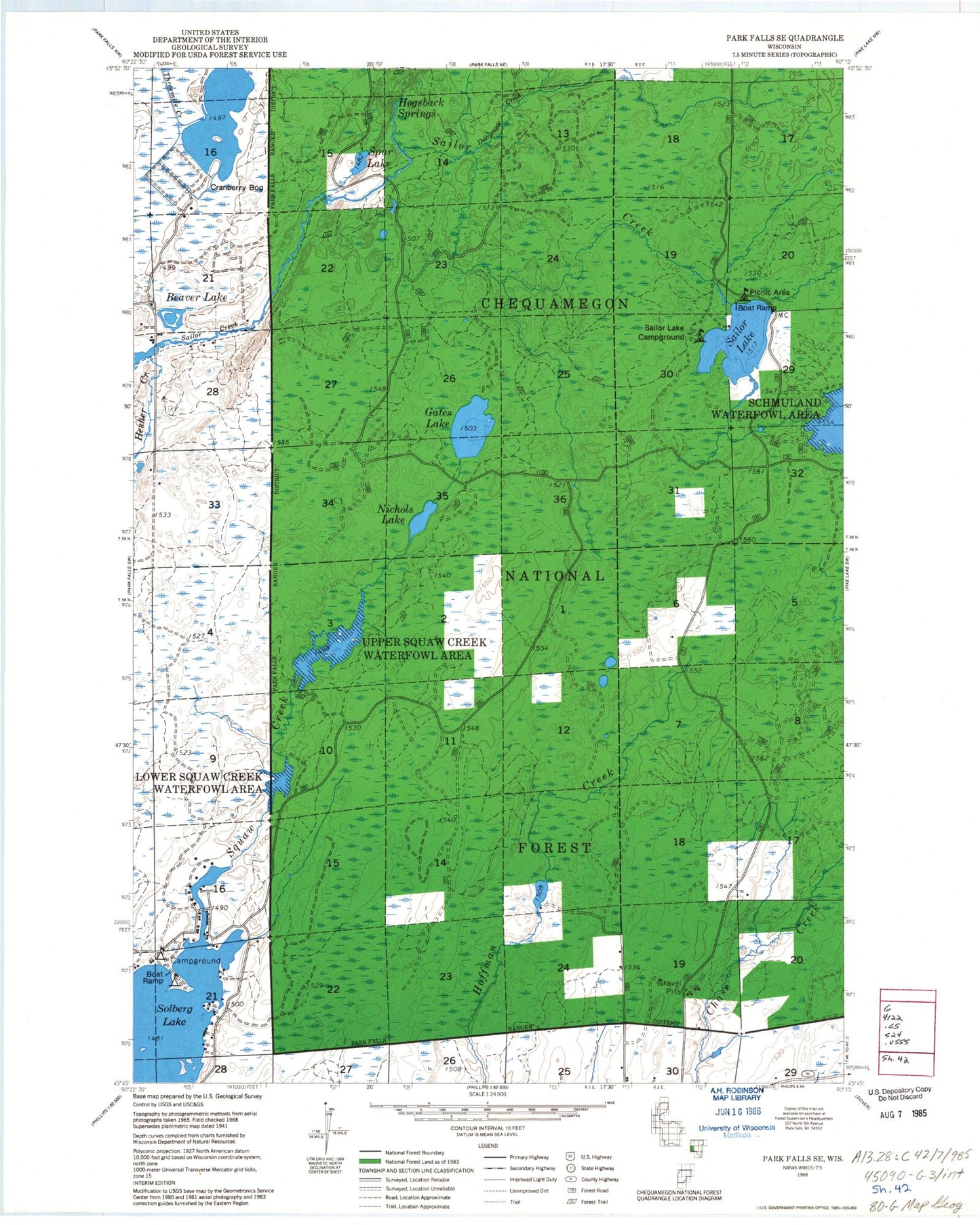 Classic USGS Gates Lake Wisconsin 7.5'x7.5' Topo Map Image