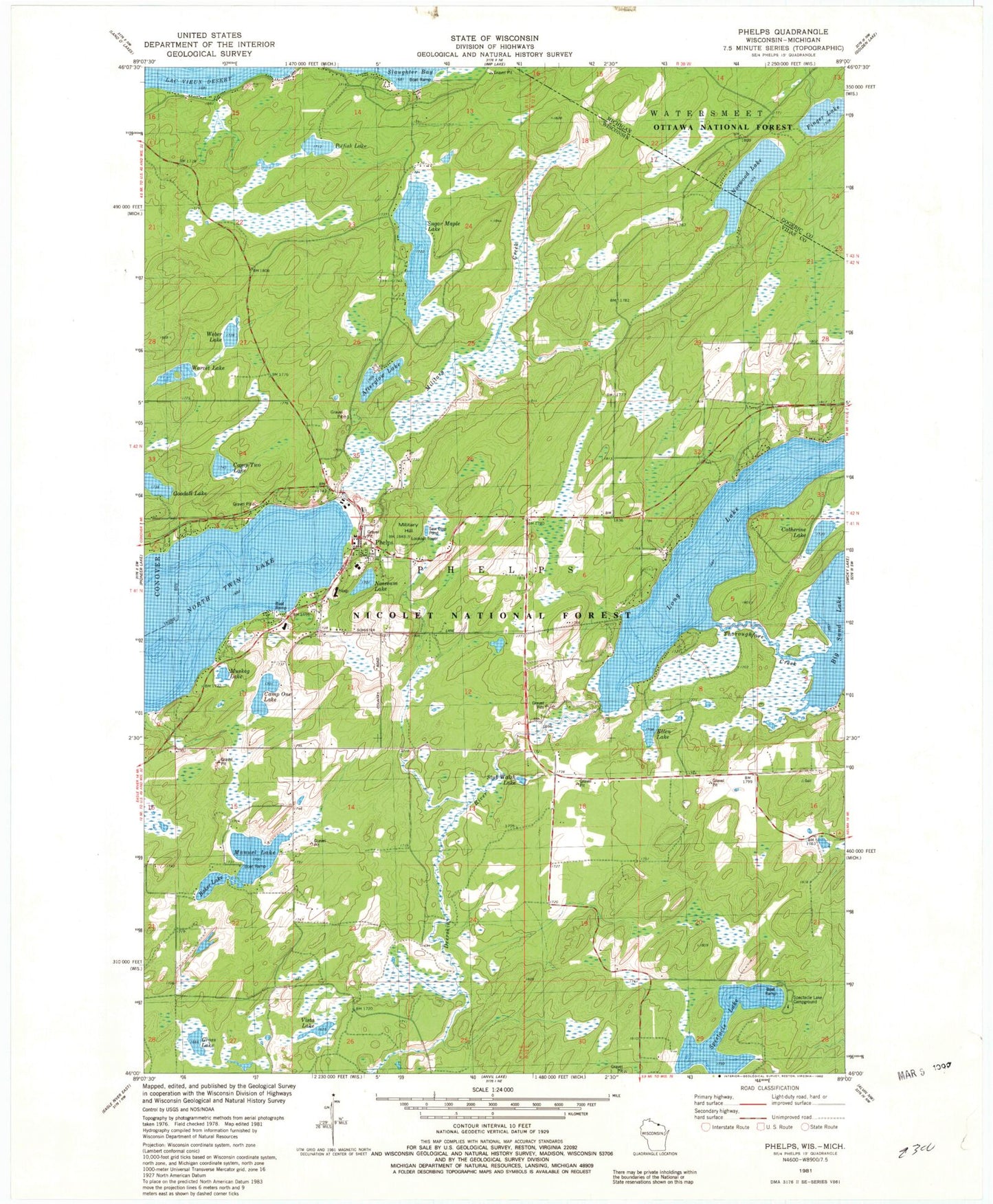 Classic USGS Phelps Wisconsin 7.5'x7.5' Topo Map Image