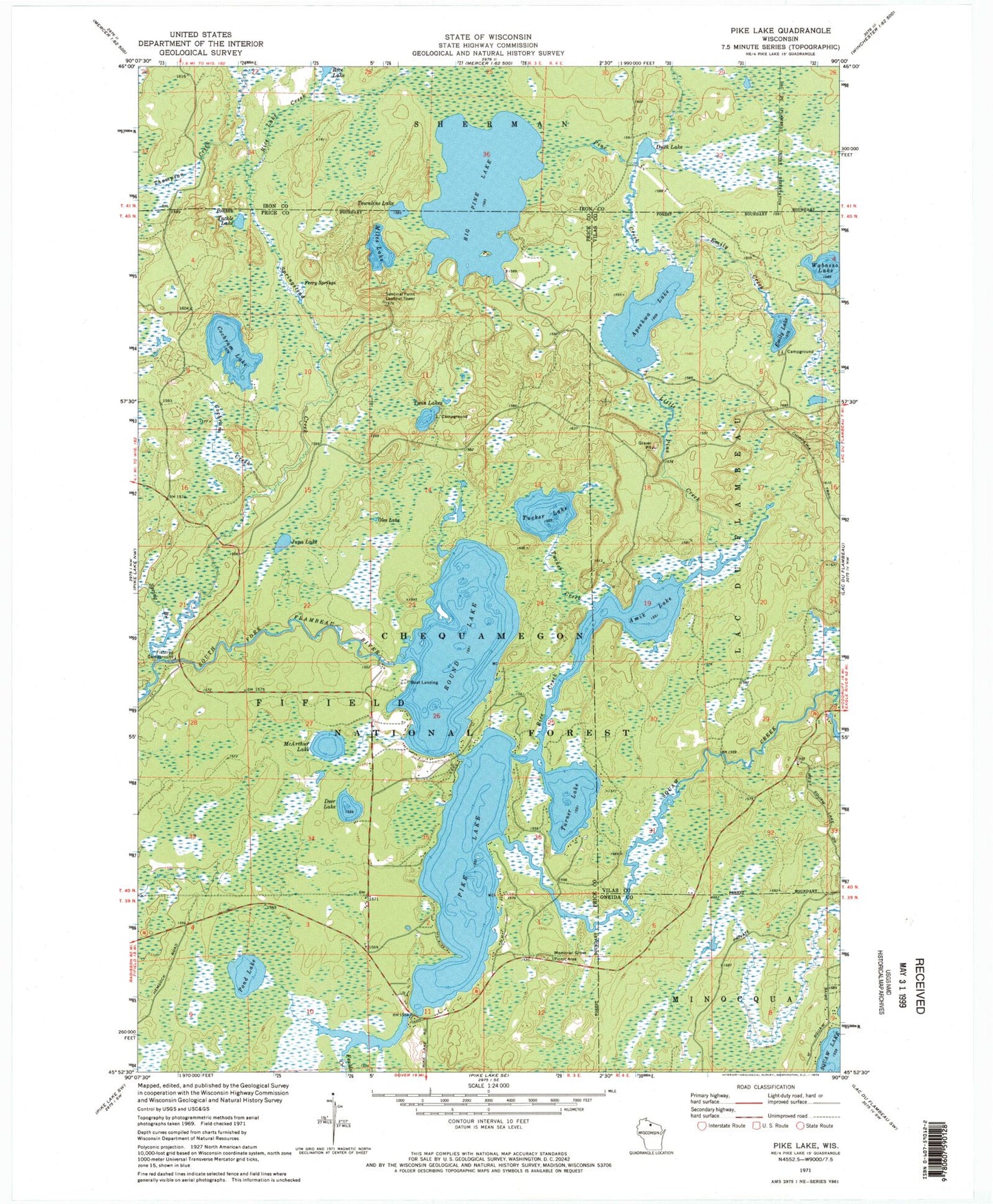 Classic USGS Pike Lake Wisconsin 7.5'x7.5' Topo Map Image