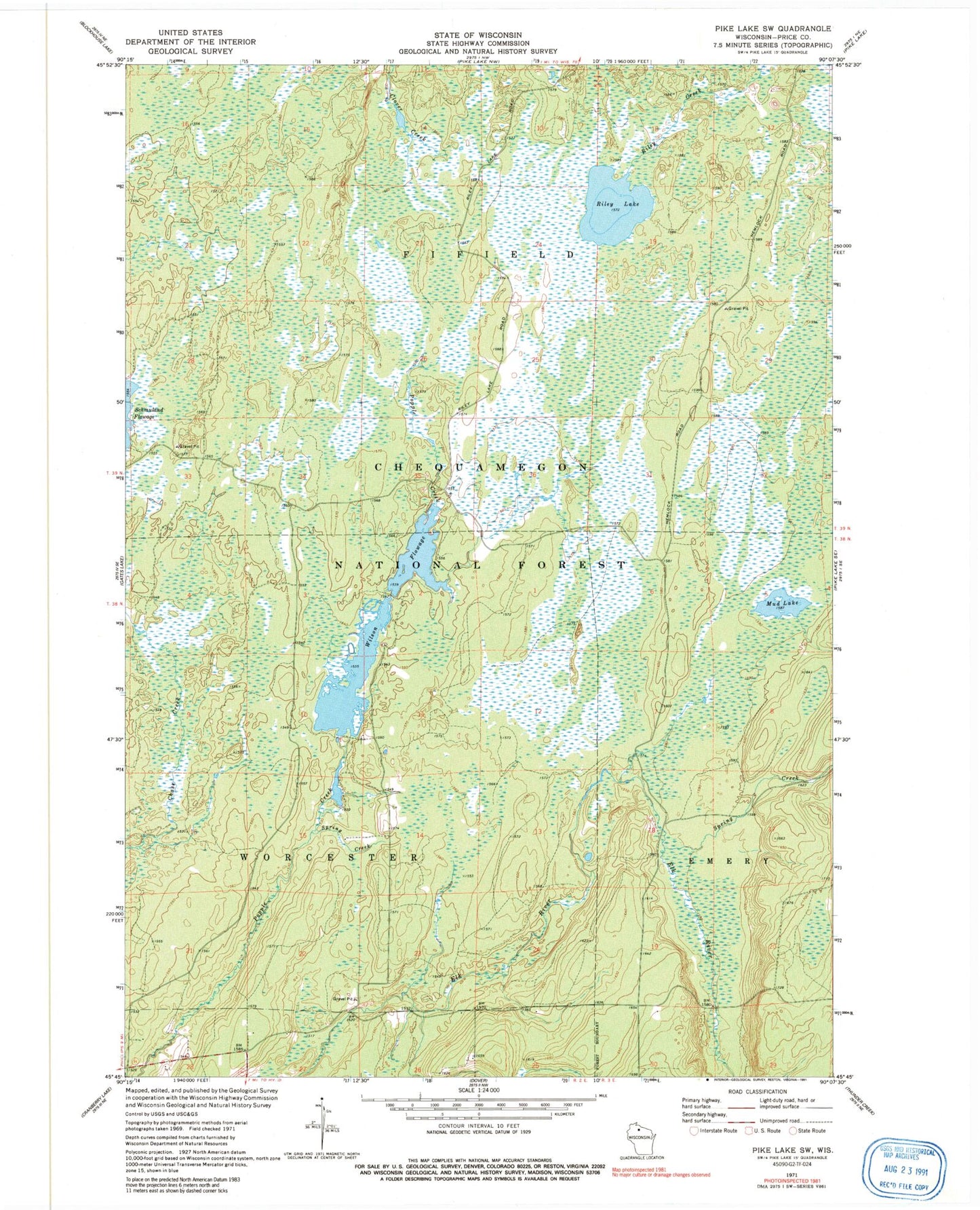 Classic USGS Pike Lake SW Wisconsin 7.5'x7.5' Topo Map Image