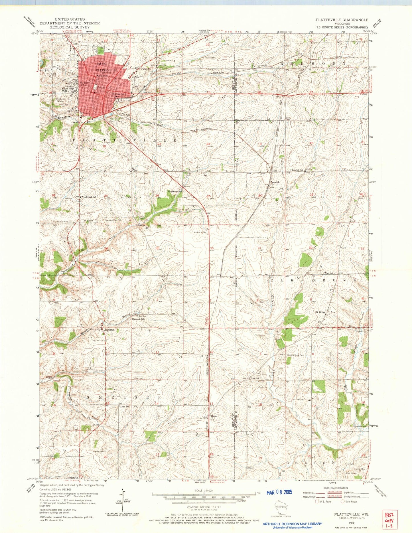 Classic USGS Platteville Wisconsin 7.5'x7.5' Topo Map Image