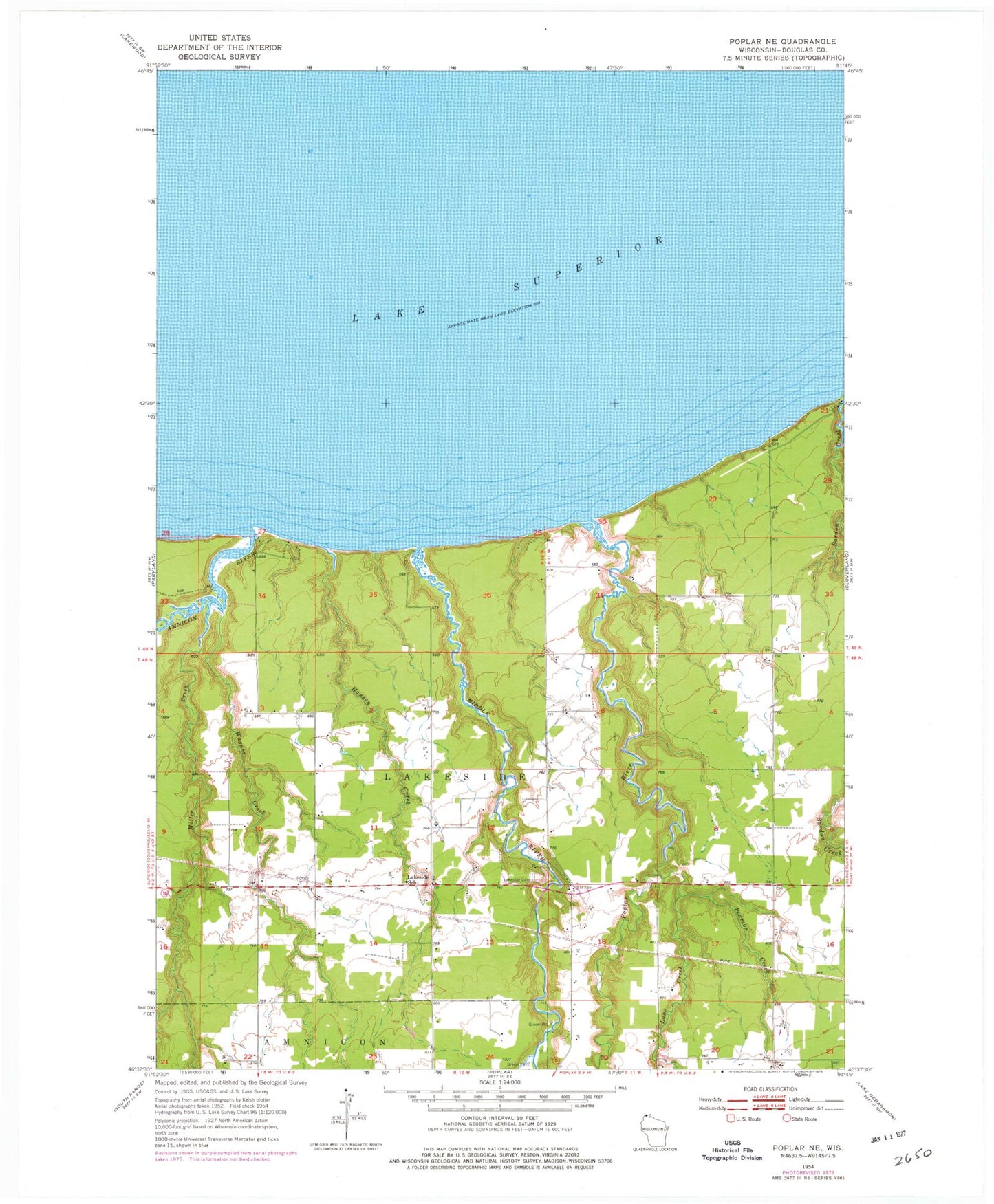 Classic USGS Poplar NE Wisconsin 7.5'x7.5' Topo Map Image