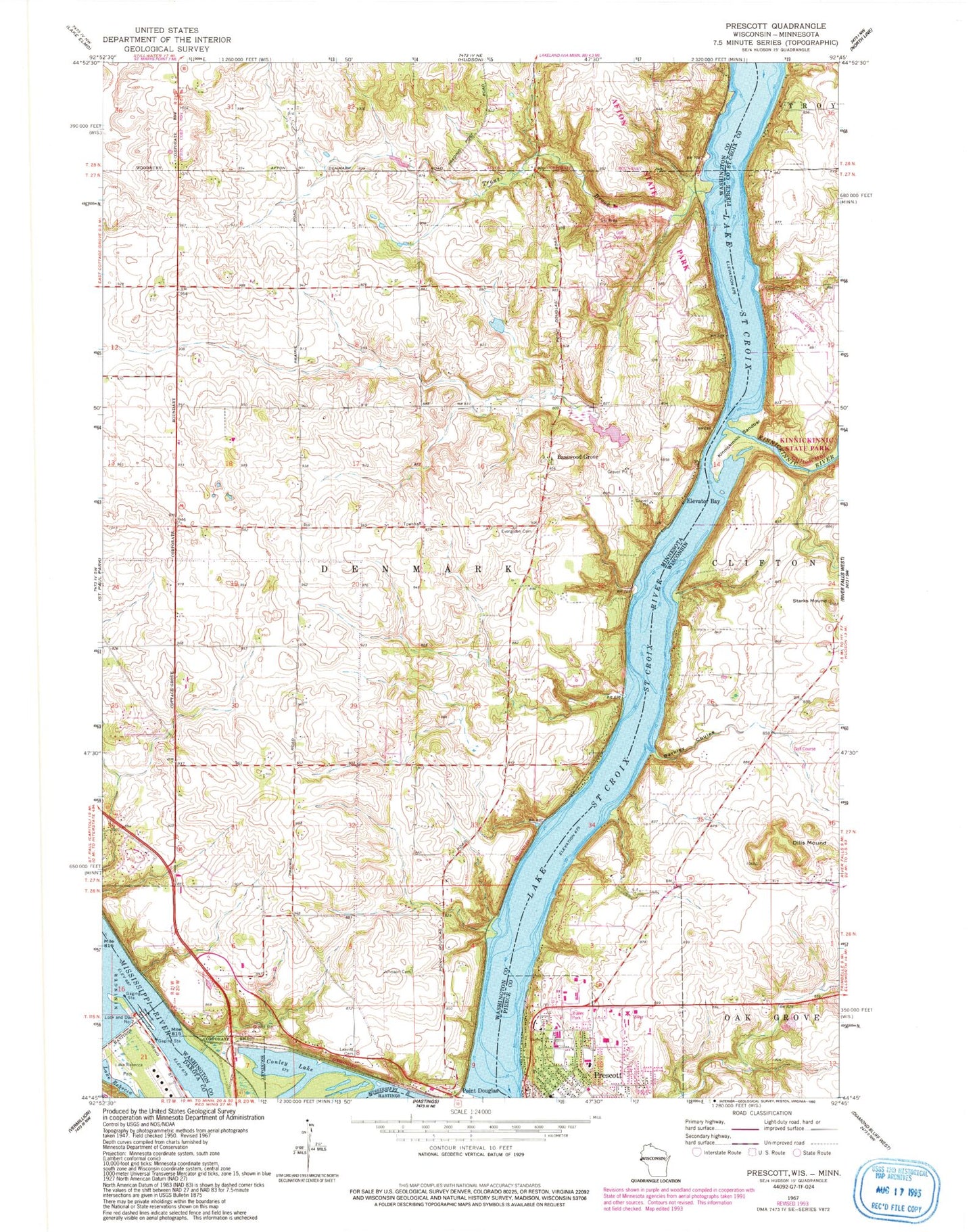 Classic USGS Prescott Wisconsin 7.5'x7.5' Topo Map Image