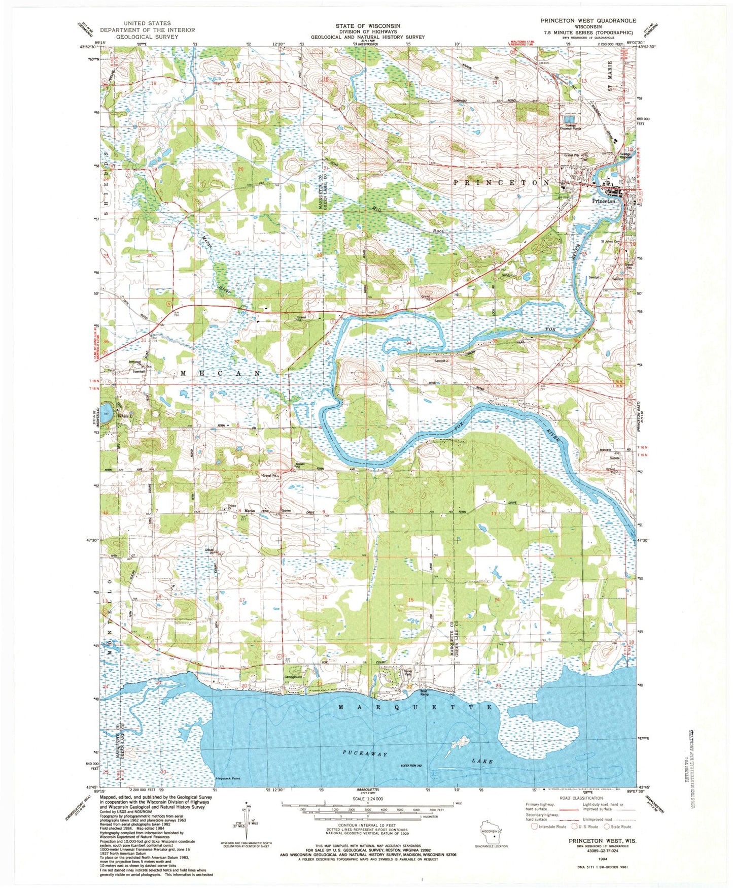 Classic USGS Princeton West Wisconsin 7.5'x7.5' Topo Map Image