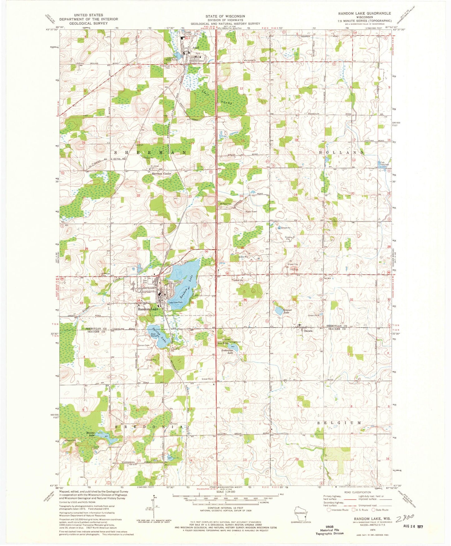 Classic USGS Random Lake Wisconsin 7.5'x7.5' Topo Map Image