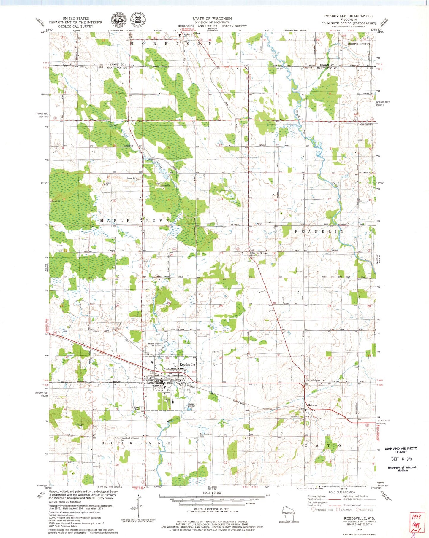 Classic USGS Reedsville Wisconsin 7.5'x7.5' Topo Map Image