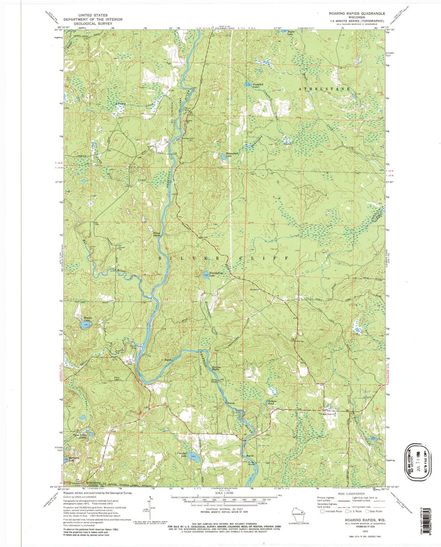 Classic USGS Roaring Rapids Wisconsin 7.5'x7.5' Topo Map Image