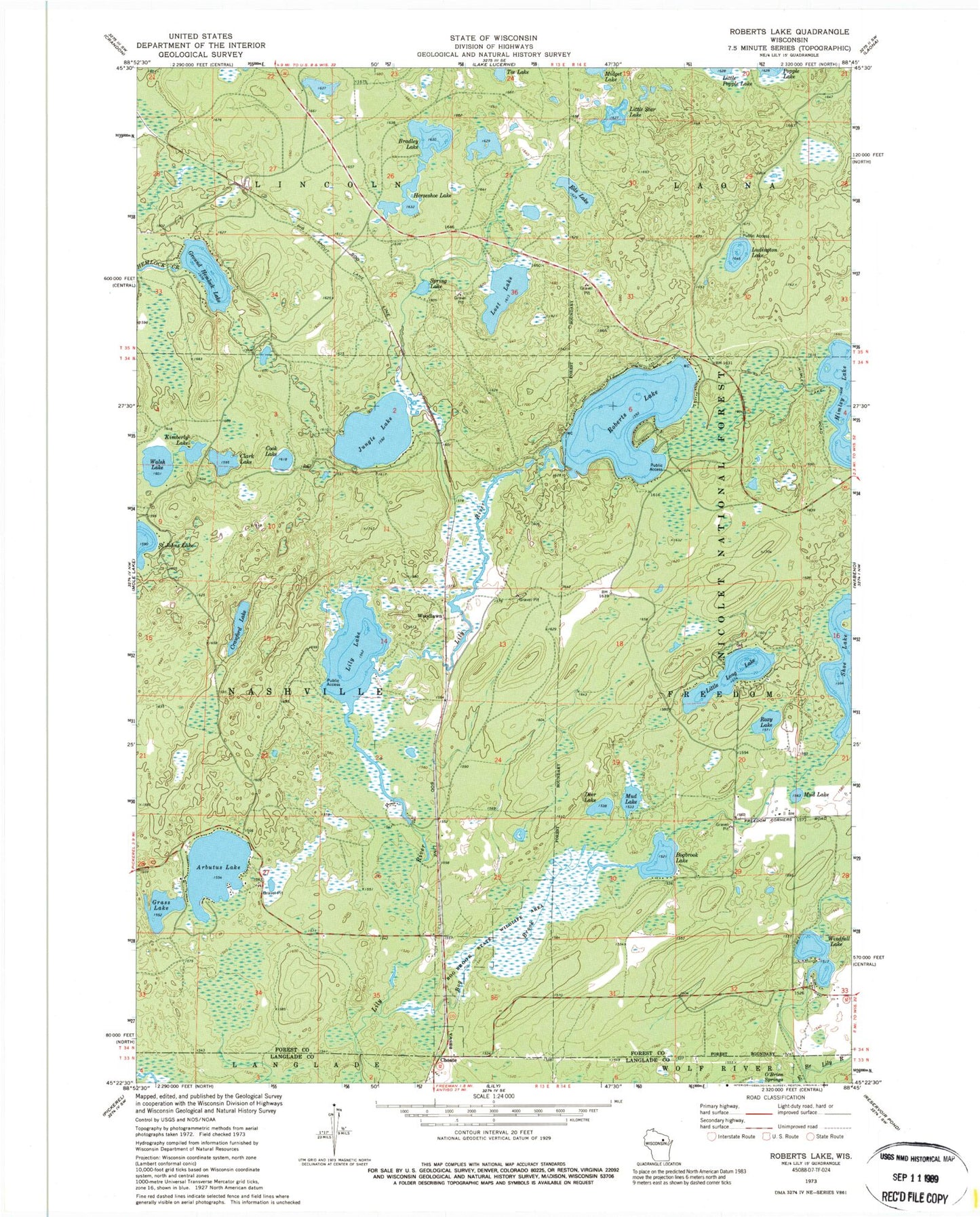 Classic USGS Roberts Lake Wisconsin 7.5'x7.5' Topo Map Image