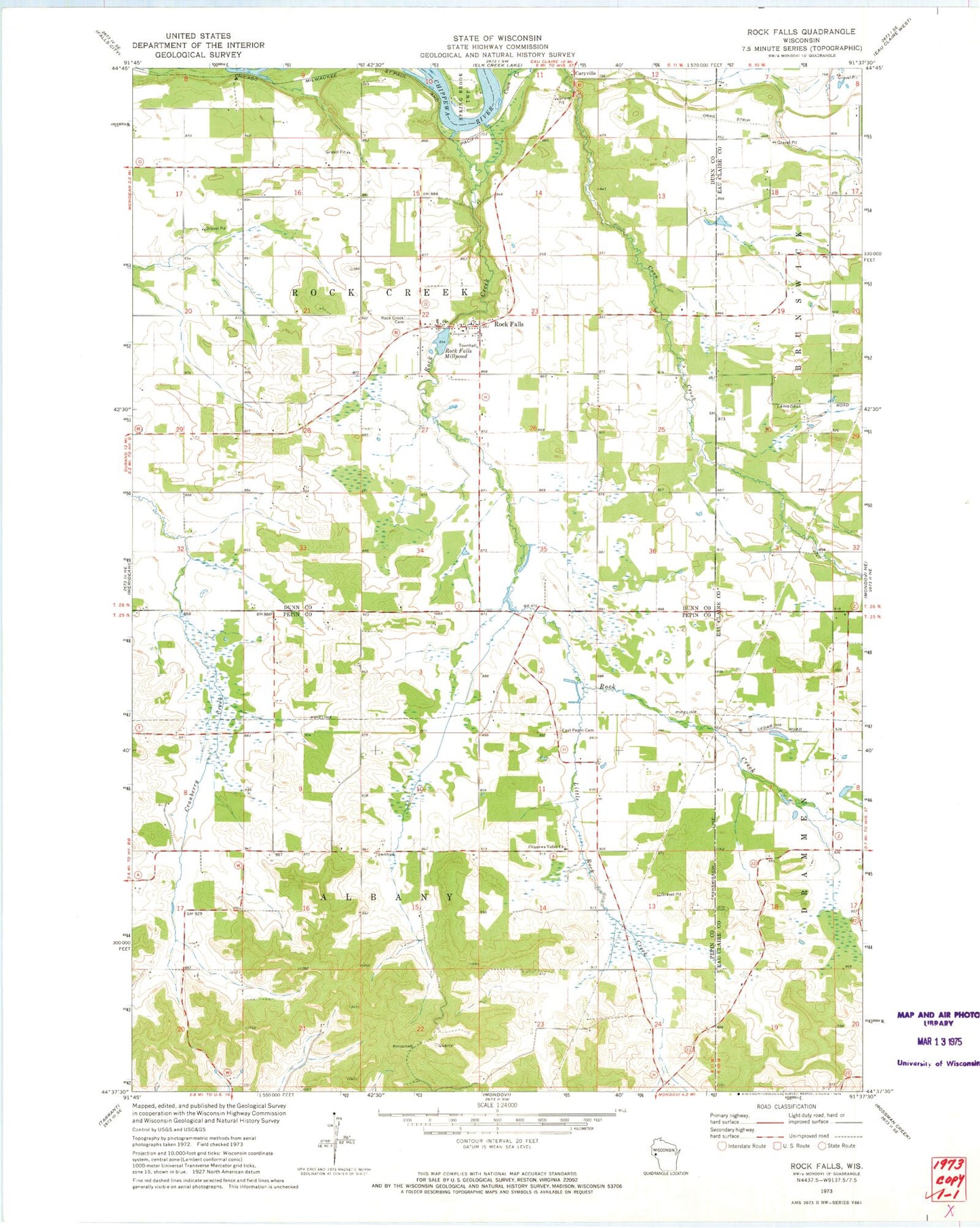 Classic USGS Rock Falls Wisconsin 7.5'x7.5' Topo Map Image