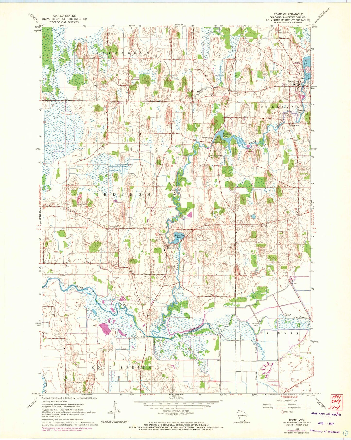 Classic USGS Rome Wisconsin 7.5'x7.5' Topo Map Image