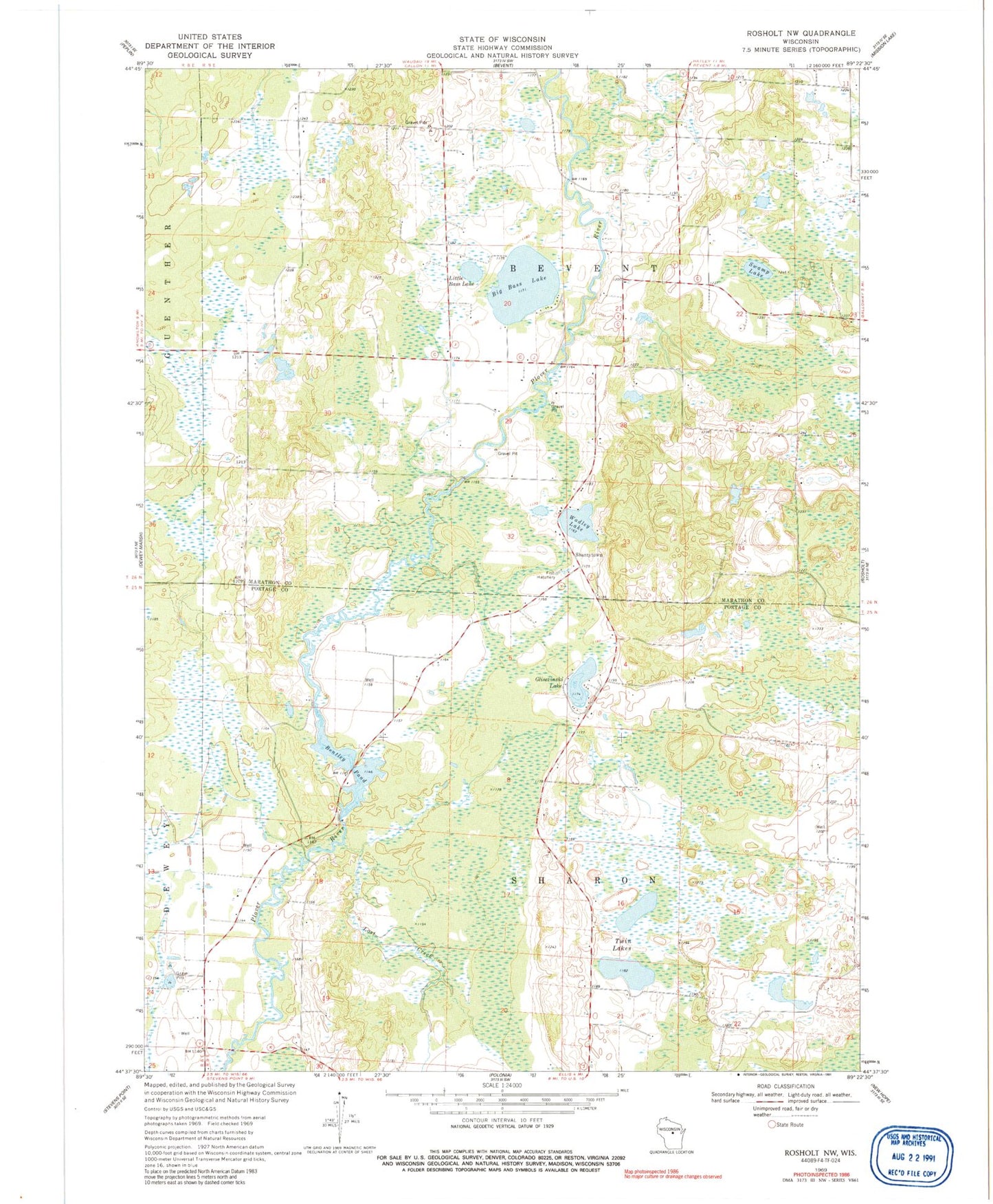 Classic USGS Rosholt NW Wisconsin 7.5'x7.5' Topo Map Image