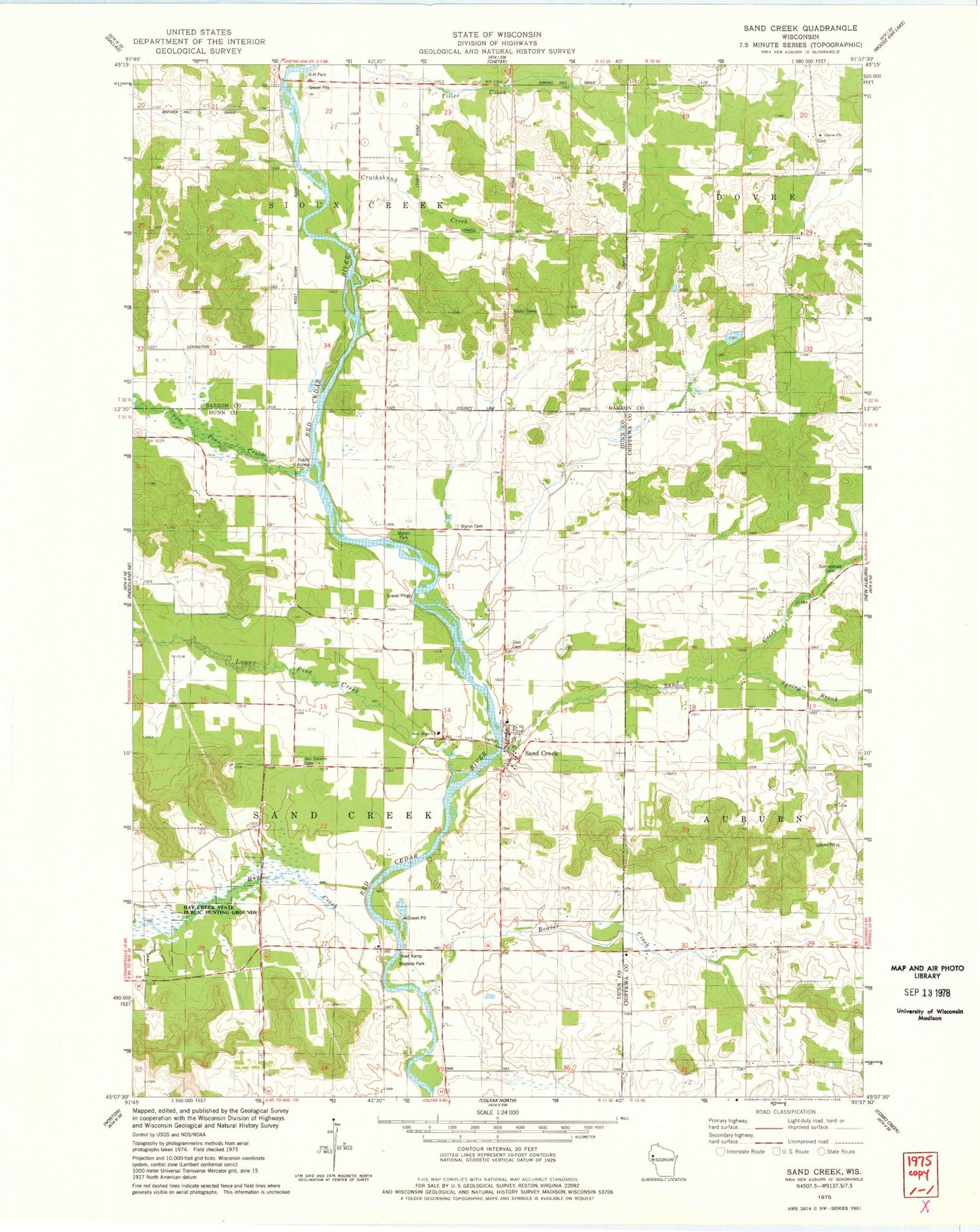 Classic USGS Sand Creek Wisconsin 7.5'x7.5' Topo Map Image