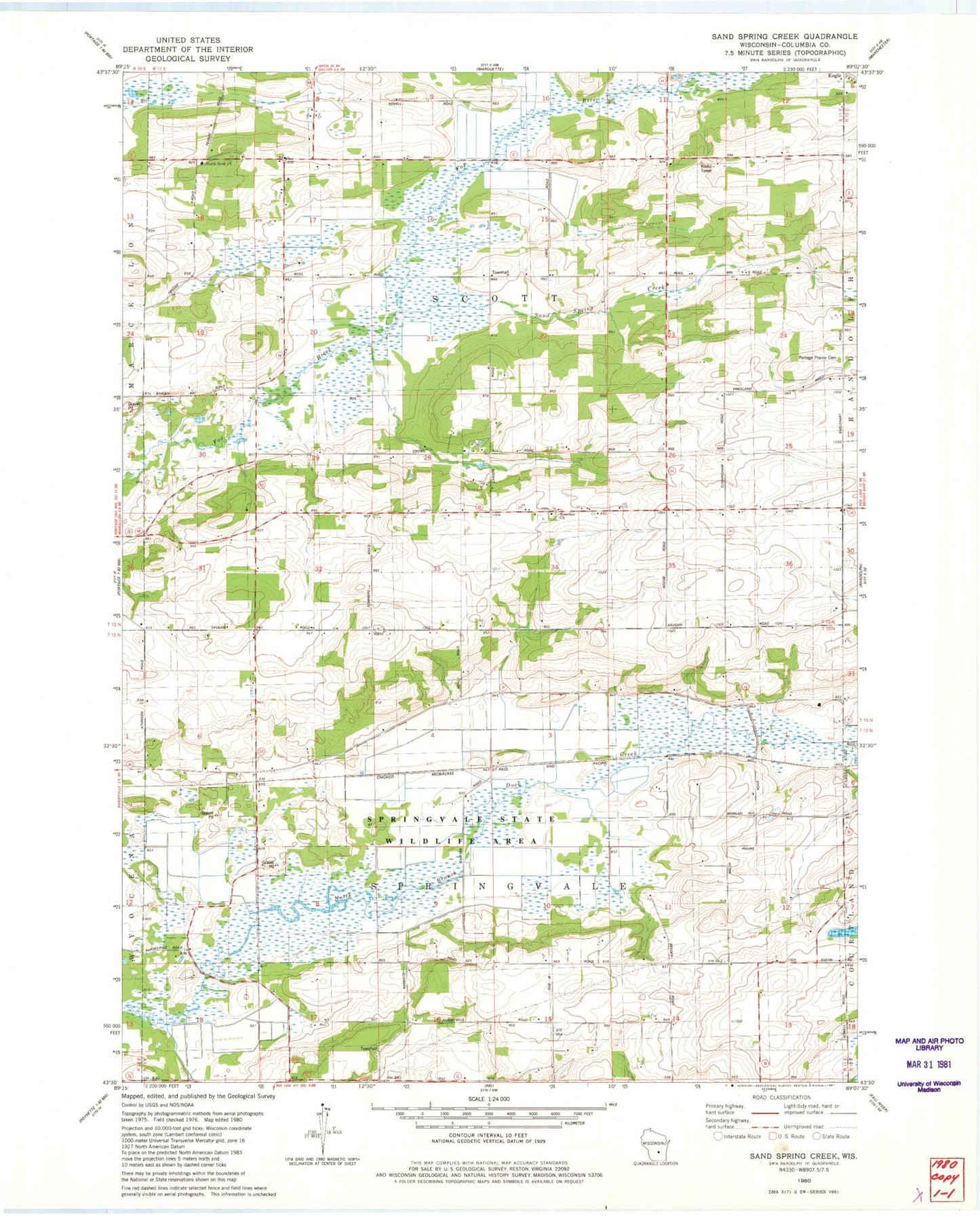 Classic USGS Sand Spring Creek Wisconsin 7.5'x7.5' Topo Map Image