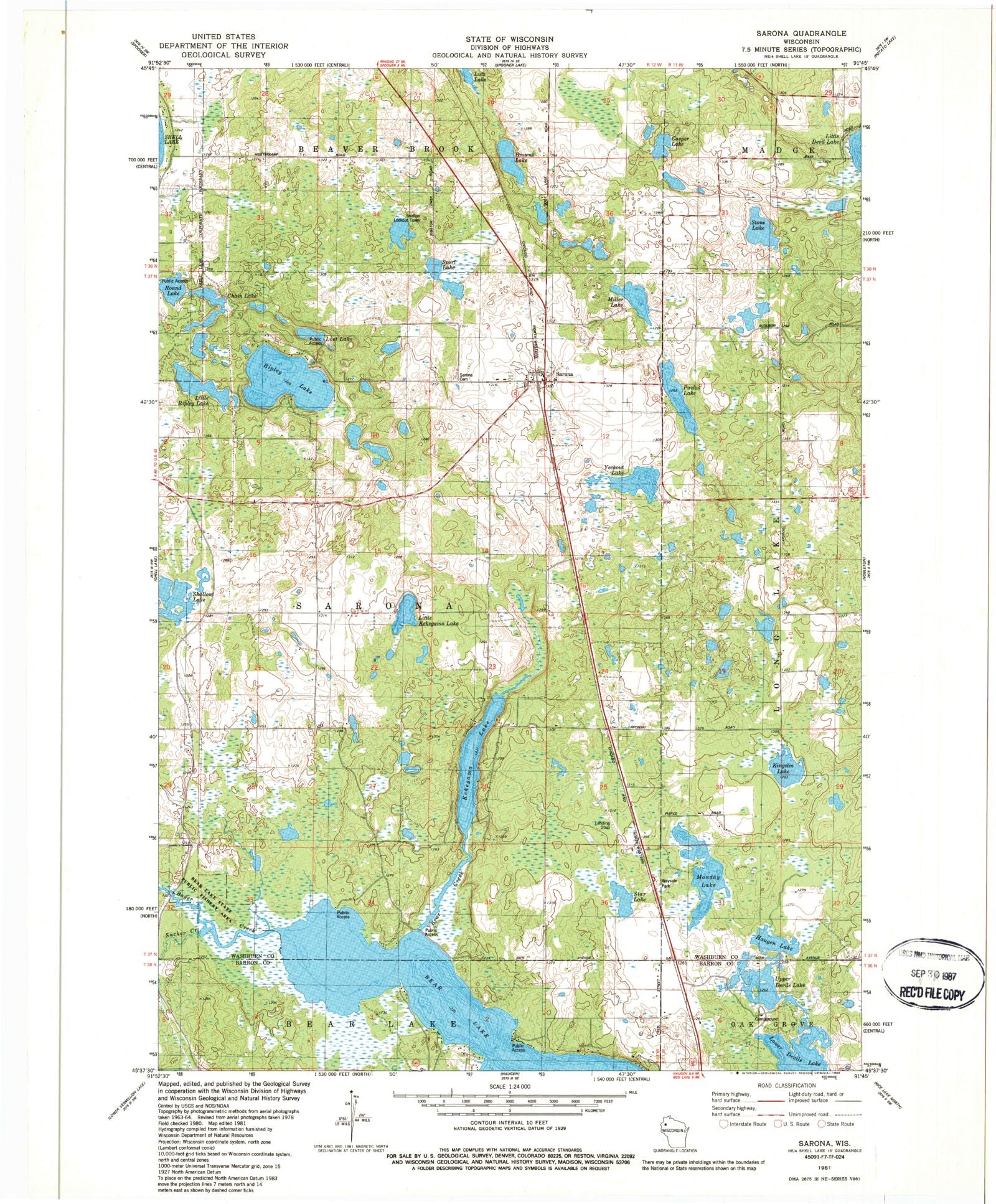 Classic USGS Sarona Wisconsin 7.5'x7.5' Topo Map MyTopo Map Store
