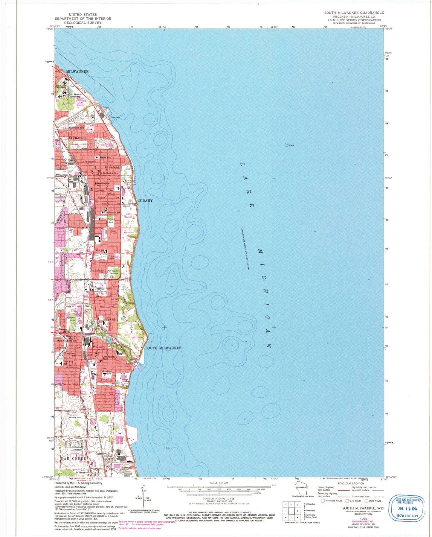 Classic USGS South Milwaukee Wisconsin 7.5'x7.5' Topo Map Image