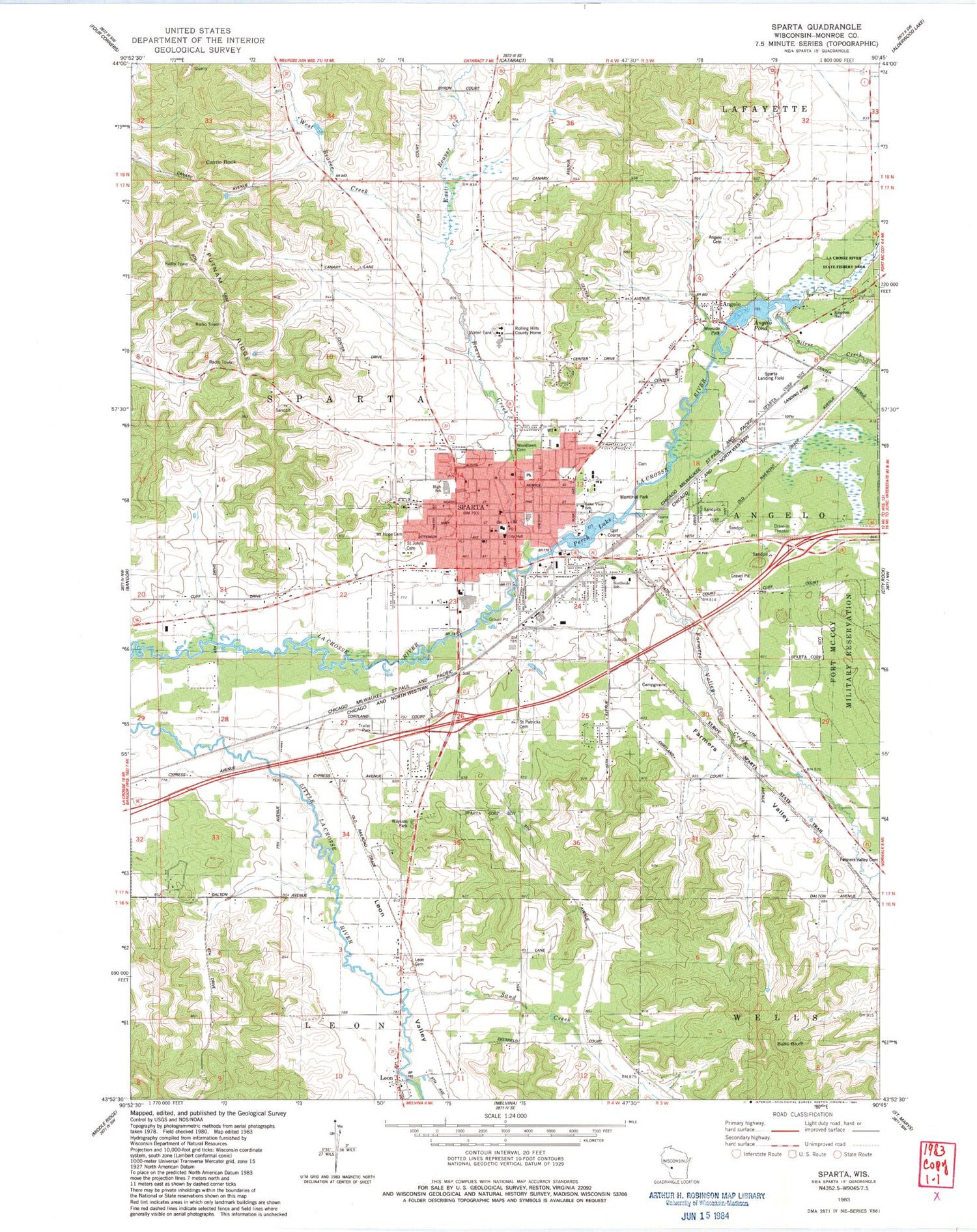 Classic USGS Sparta Wisconsin 7.5'x7.5' Topo Map Image