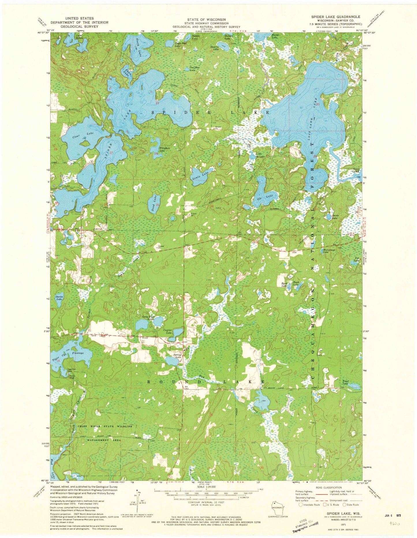 Classic USGS Spider Lake Wisconsin 7.5'x7.5' Topo Map Image