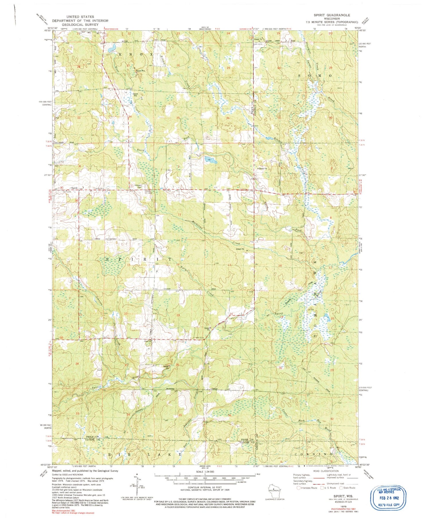 Classic USGS Spirit Wisconsin 7.5'x7.5' Topo Map Image