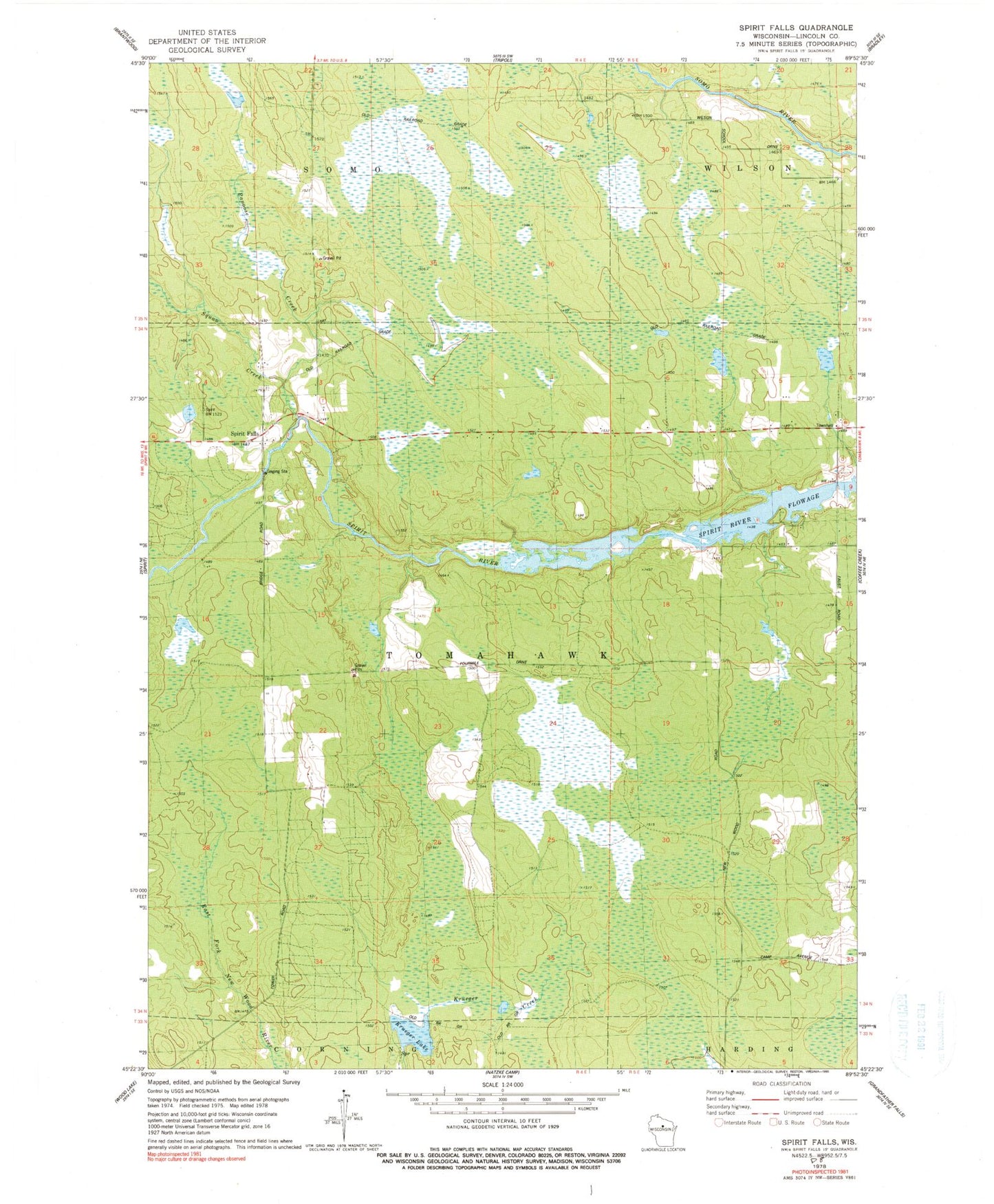 Classic USGS Spirit Falls Wisconsin 7.5'x7.5' Topo Map Image