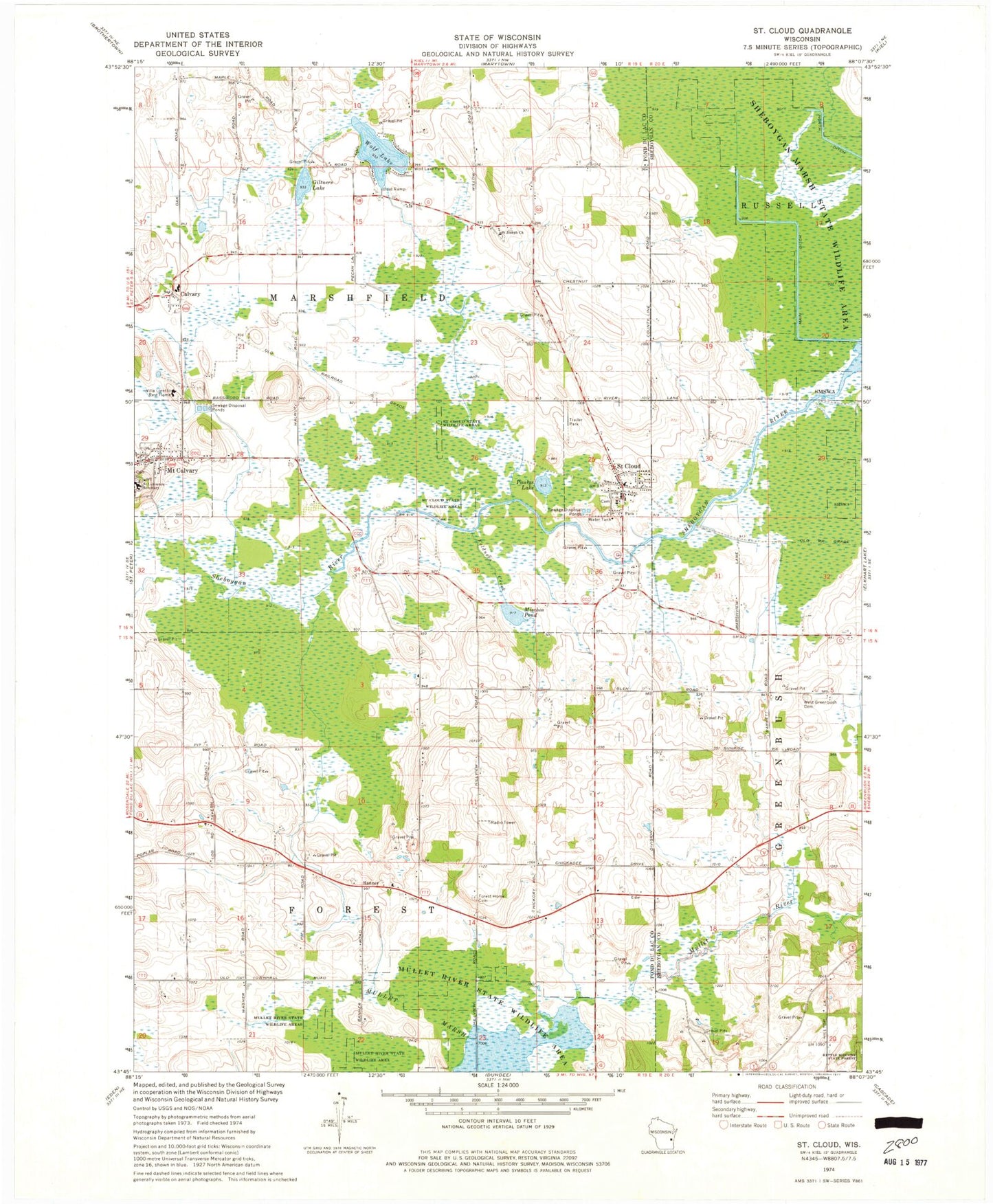 Classic USGS Saint Cloud Wisconsin 7.5'x7.5' Topo Map Image