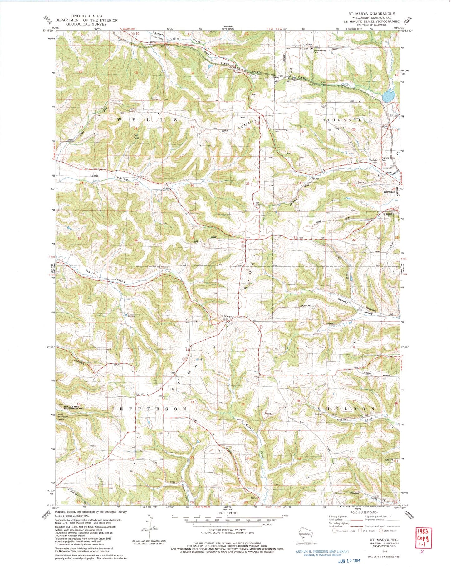 Classic USGS Saint Marys Wisconsin 7.5'x7.5' Topo Map Image