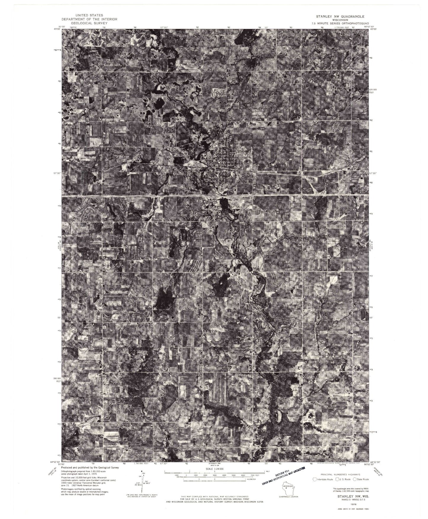 Classic USGS Stanley Wisconsin 7.5'x7.5' Topo Map Image